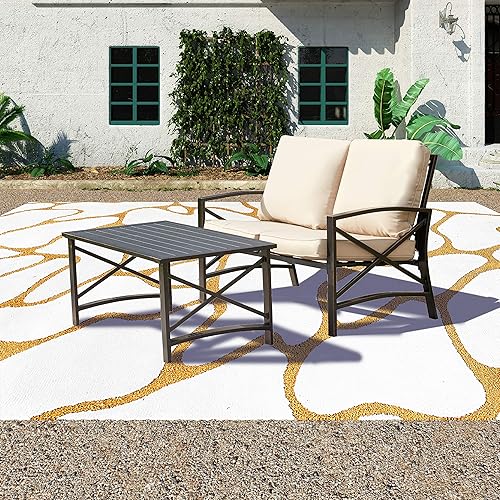 PatioFestival Juego de 2 muebles de patio, muebles de metal seccionales para patio al aire libre, sofá biplaza con cojines, mesa auxiliar para