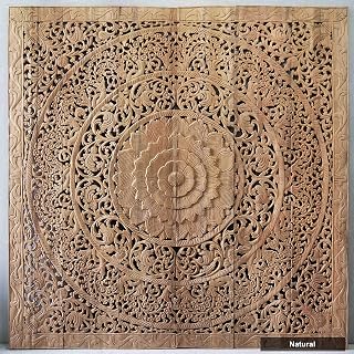 Lotus Carving Bed Headboard Murale Decorative Wooden Panels Mandala Flower Hand Carved Teak Wood Thailand 72x72 Inches