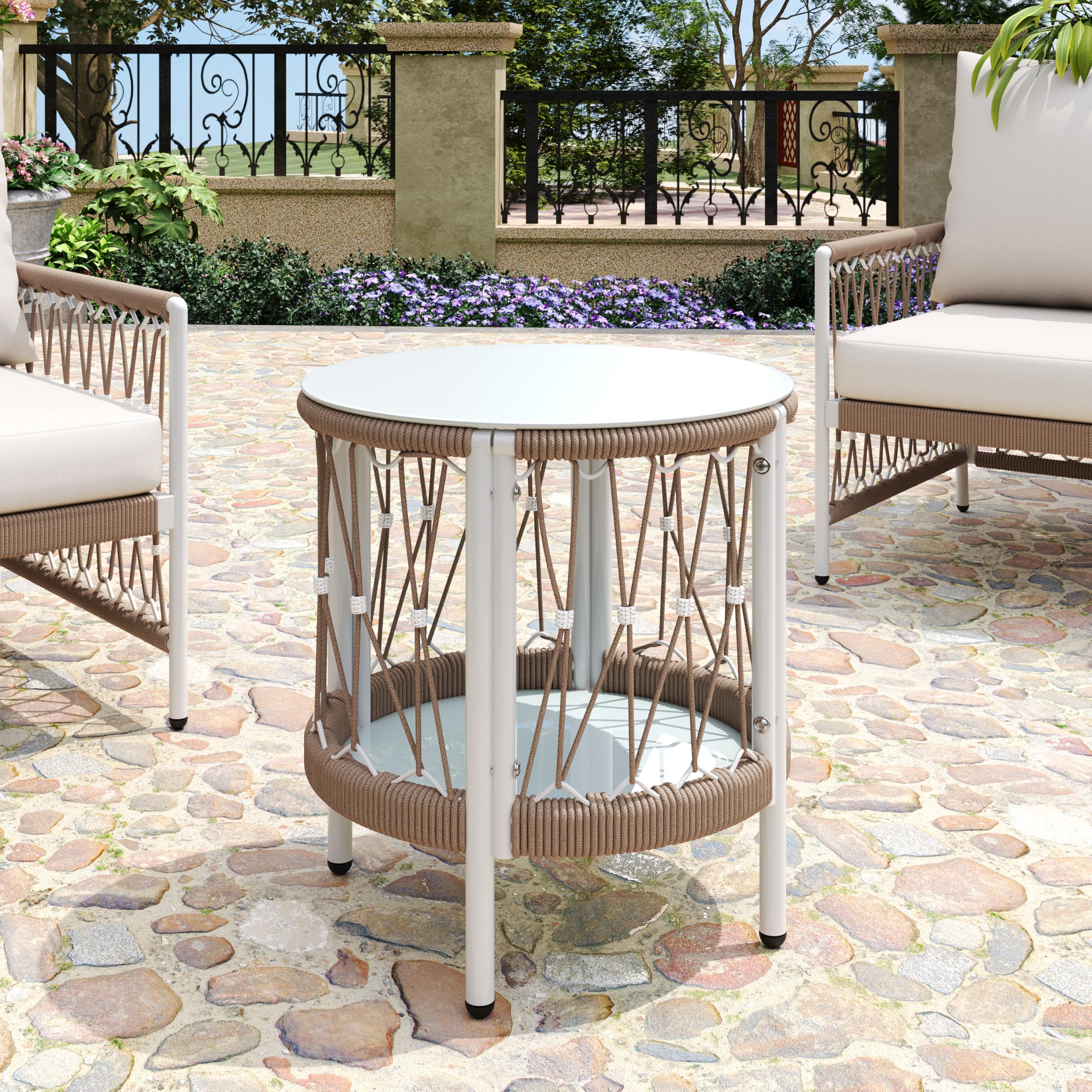 Christopher Knight Home Packy Bohemian Outdoor Side Table with Storage Shelf, Glass Top Small Patio Round Coffee Table, Sofa End Table for Patio