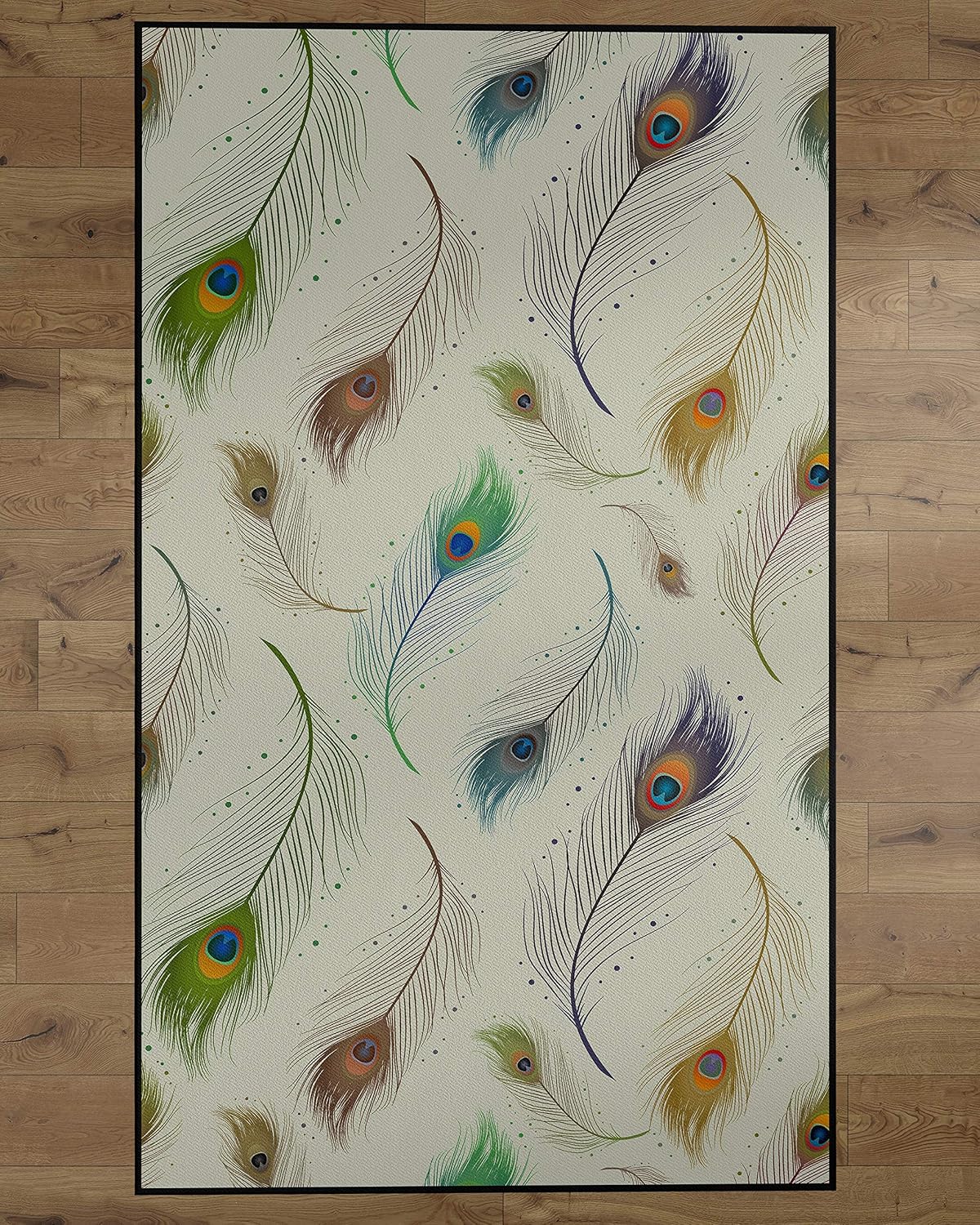 DEERLUX Modern Animal Print Living Room Area Rug with Nonslip Backing, Peacock Pattern, 8 x 10 Ft Large, Cream