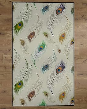 Modern Animal Print Living Room Area Rug with Nonslip Backing, Peacock Pattern, 8 x 10 Ft Large, Cream