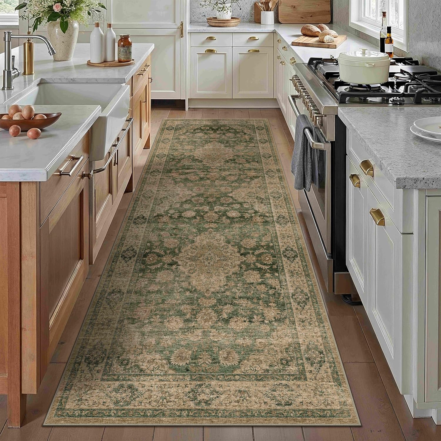 HUGEAR 3x10 Runner Rug Hallway Machine Washable Retro Green Vintage Floral Low Pile Carpet Distressed Long Throw Rug Bedroom Office Bathroom Kitchen Laundry Non Slip Soft Lightweight