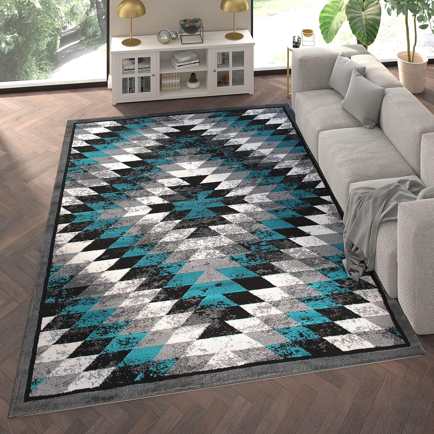 EMMA + OLIVER Tucson Olefin Accent Rug - Distressed Southwestern Diamond Motif in Turquoise, Beige, Brown & Black - 4x5 - Plush Pile - Jute Backing
