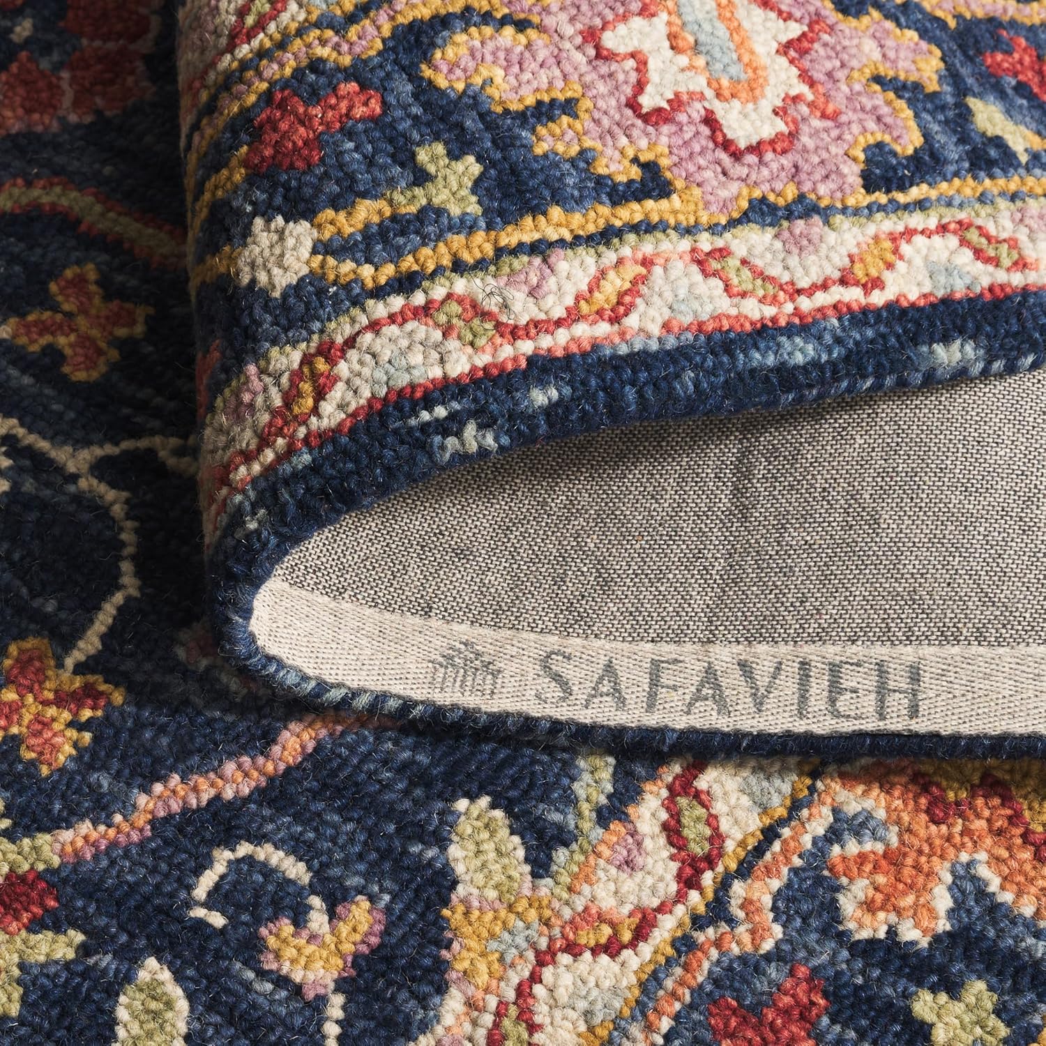 SAFAVIEH Blossom Collection Area Rug - 6' Square, Blue & Red, Handmade Wool, Floral Design, Ideal for High Traffic Areas in Living Room, Bedroom, Dining (BLM686M-6SQ)