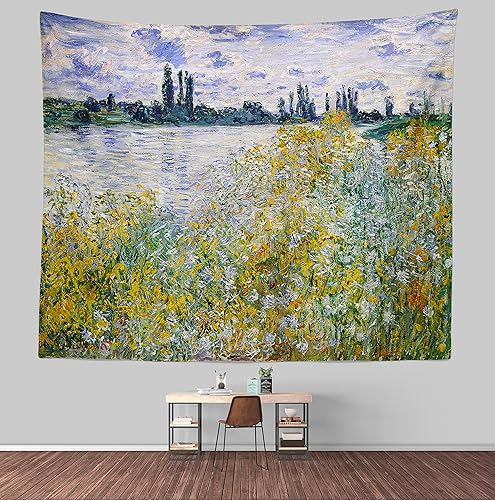 Claude Monet Art - Tapiz de obra maestra, isla de flores cerca de Vetheuil, colgante de pared para dormitorio del hogar, pintura al óleo abstracta,