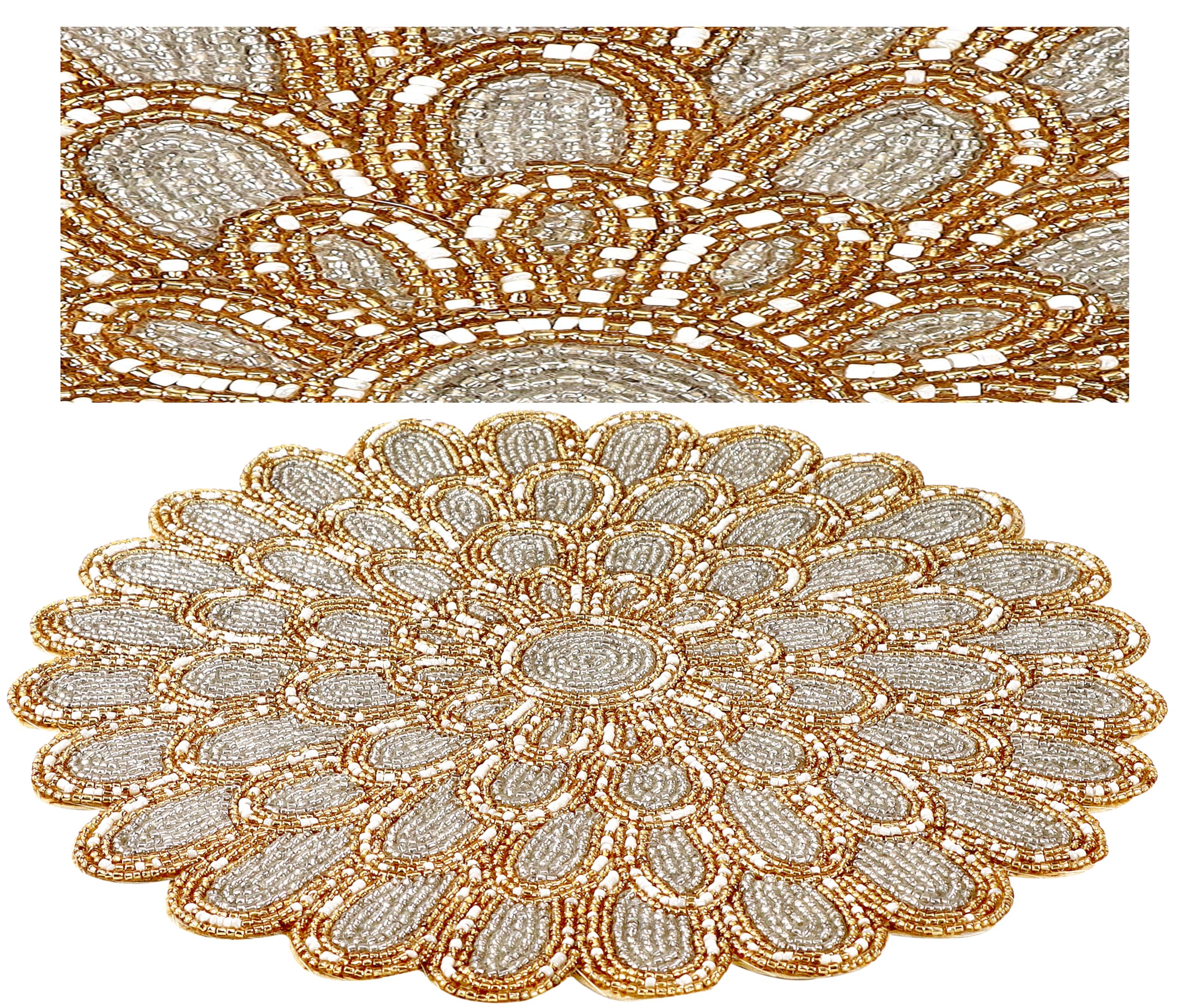 Alpha Living Home Beaded Table mat, Coffee Table Beaded mat, Placement mats for Dining Table Beaded, Round Beaded placemats, Beaded placemats for Dining Table - 13 inch Charger Plate - Ivory Gold