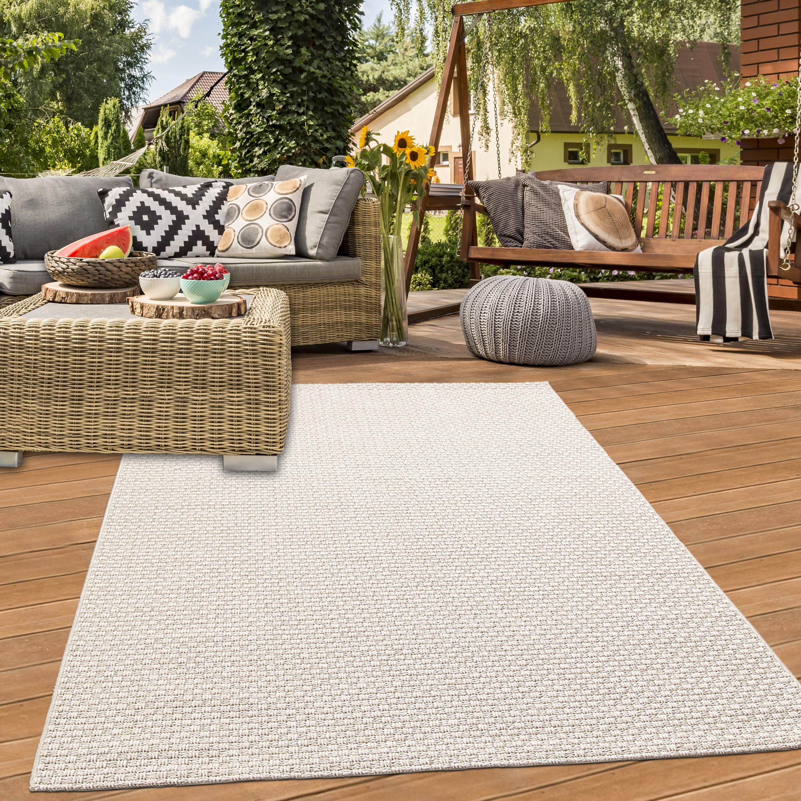 Teppich-Traum Tapis d'intérieur et d'extérieur - Tapis de terrasse - Tapis d'extérieur - Tapis de balcon - Tapis de jardin - Pour toutes saisons - Tissage plat - Durable - Facile d'entretien - Beige