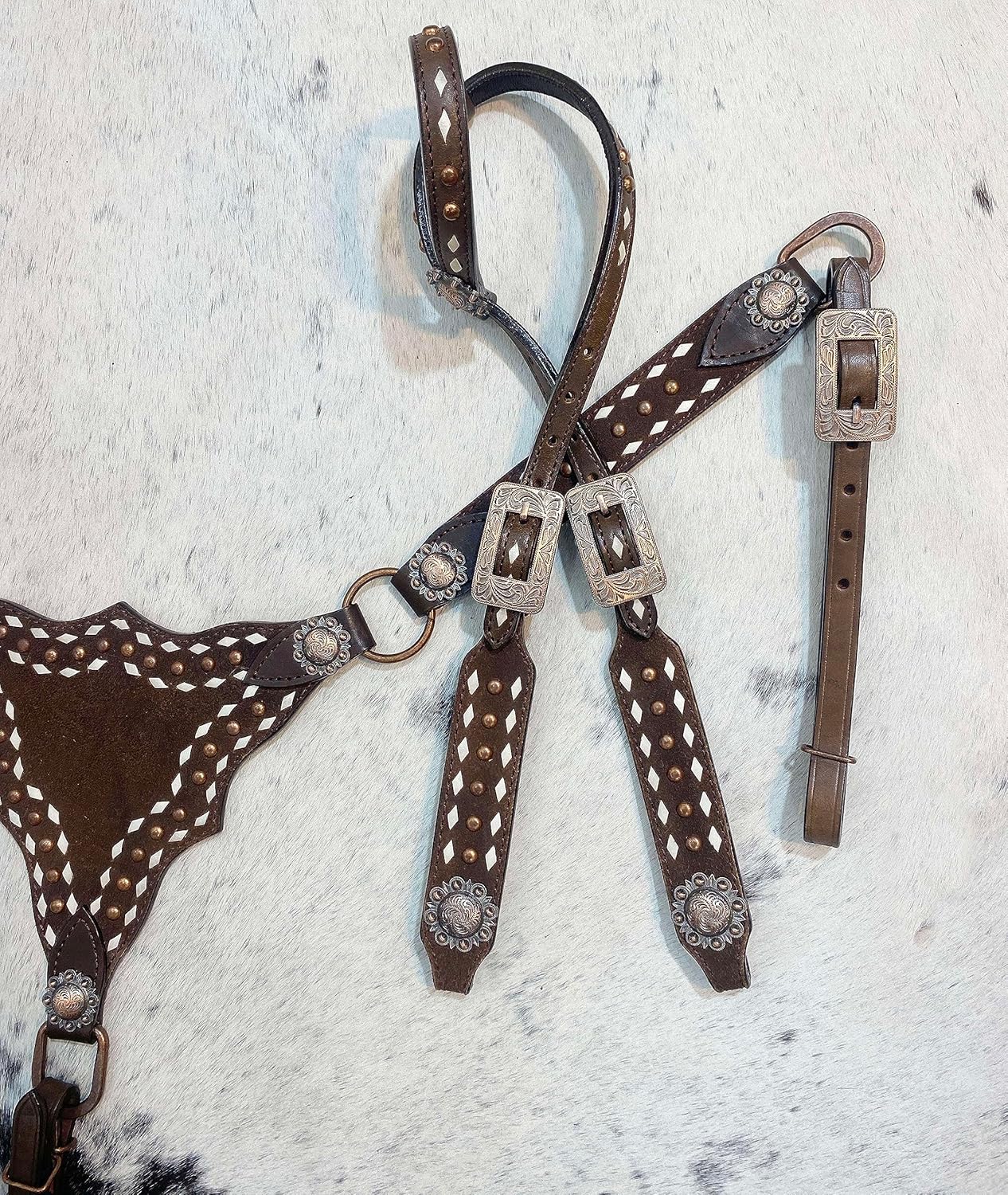Argentina Cow Leather One Ear Headstall and Breast Collar Set - White Rawhide Buck Stitching & Copper Studs Detailing