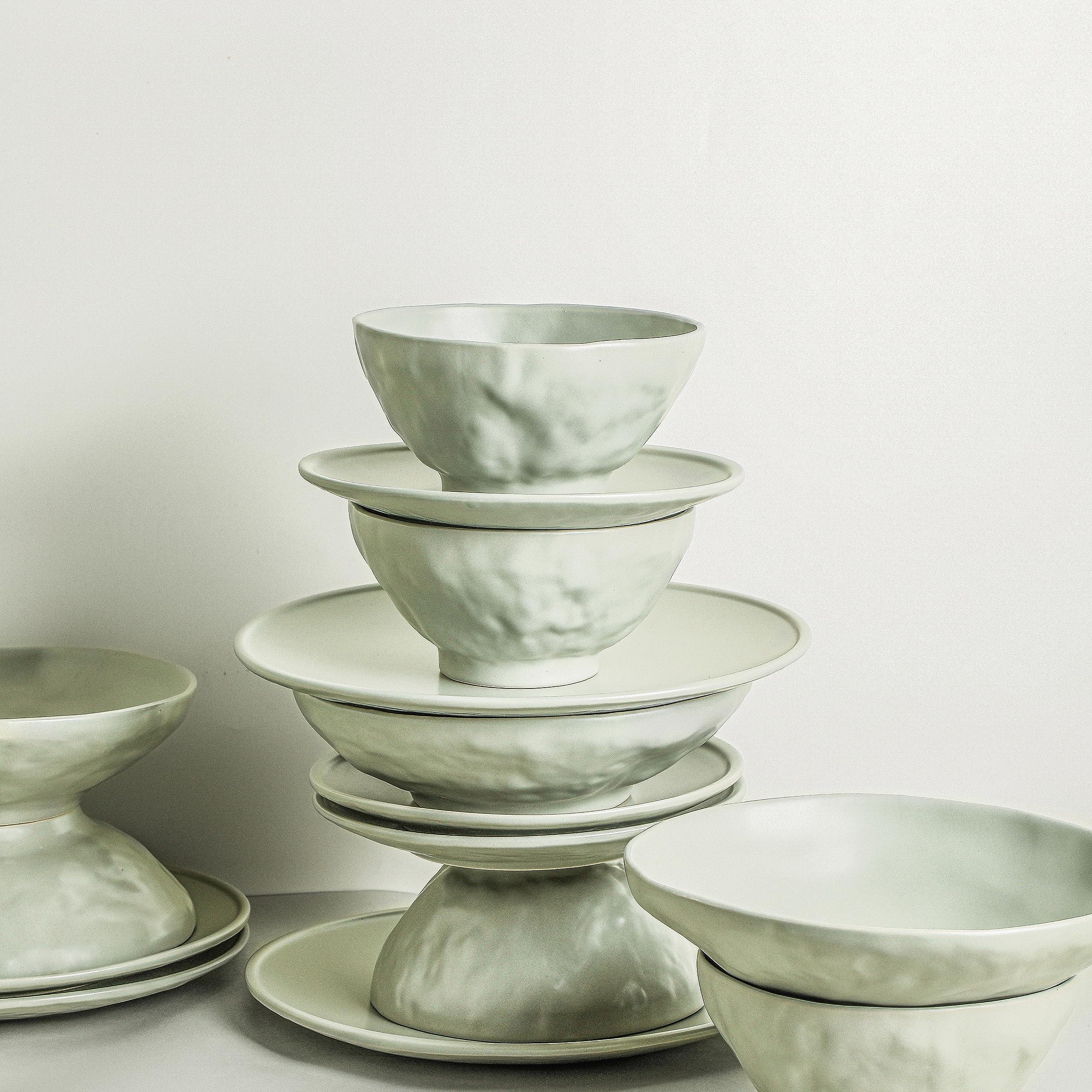 Stone by Mercer Project Nendo Stoneware Dinnerware Set, 16-Piece - Service for 4, Sage-Grey