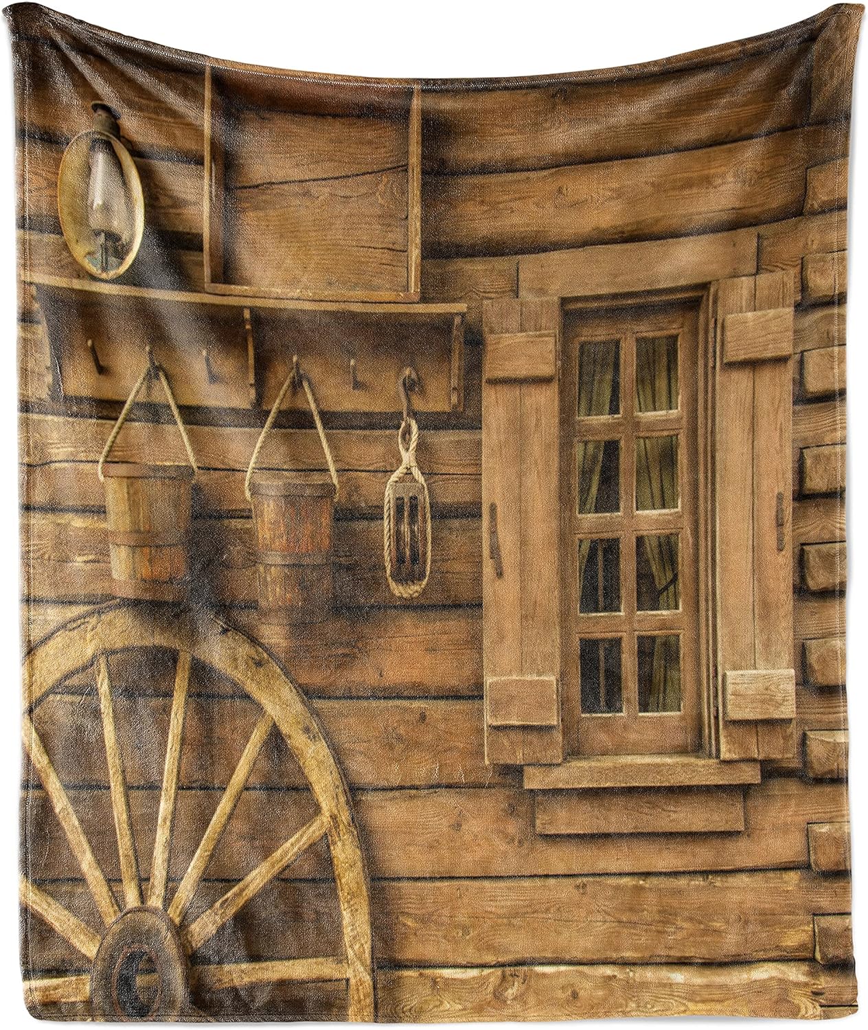 Lunarable Western Throw Blanket, Old Wagon Wheel Next to Rustic Wooden House Vintage Window Buckets Cottage Print, Flannel Fleece Accent Piece Soft Couch Cover for Adults, 50" x 70", Brown