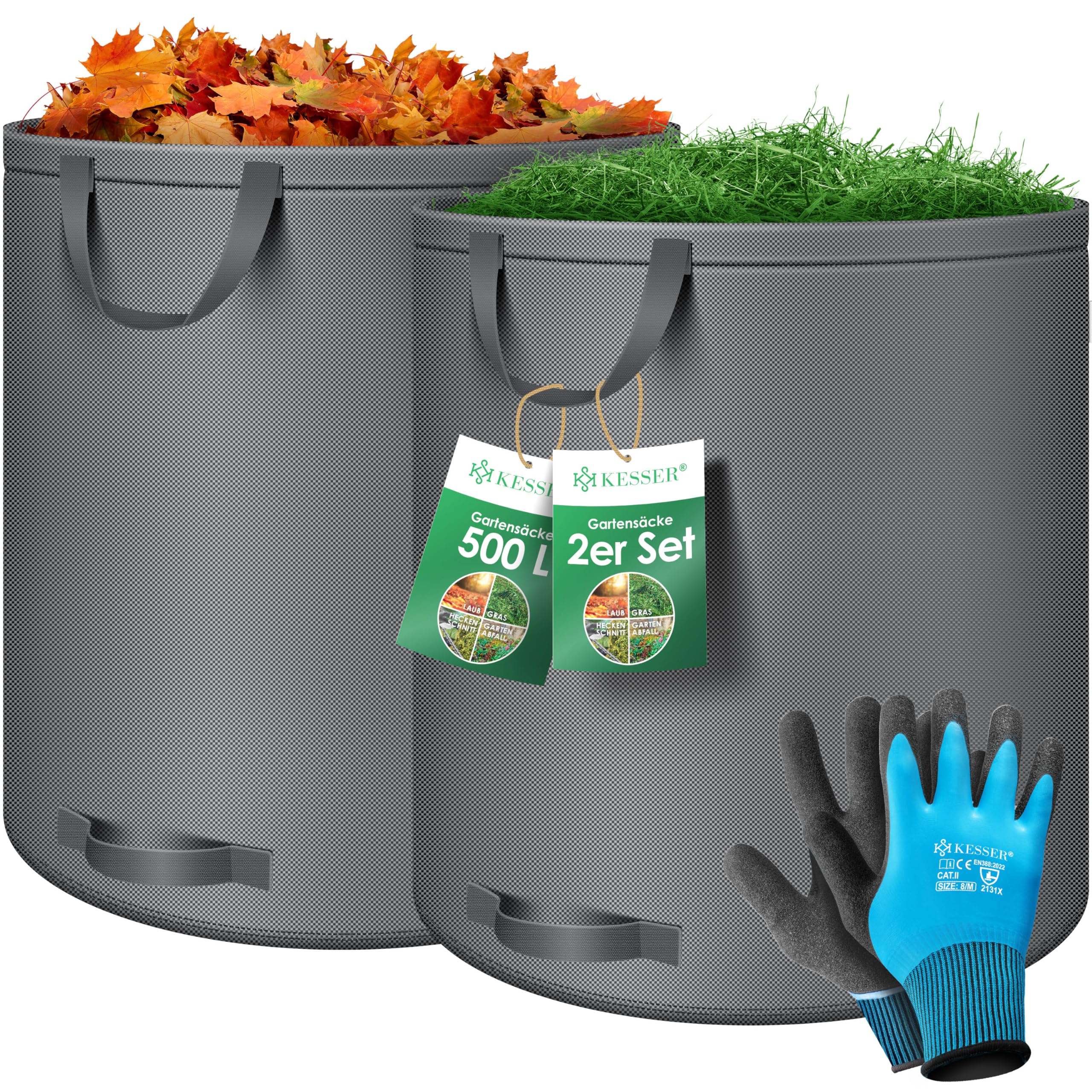 KESSER® Gartensack 2x 500L Set Laubsack Gartenabfallsack inkl. Handschuhe - Selbststehend 4 Griffe Stabil Robust & Faltbar - Laubsäcke Rasenschnitt Gartensäcke für Gartenabfälle Grünschnitt Anthrazit