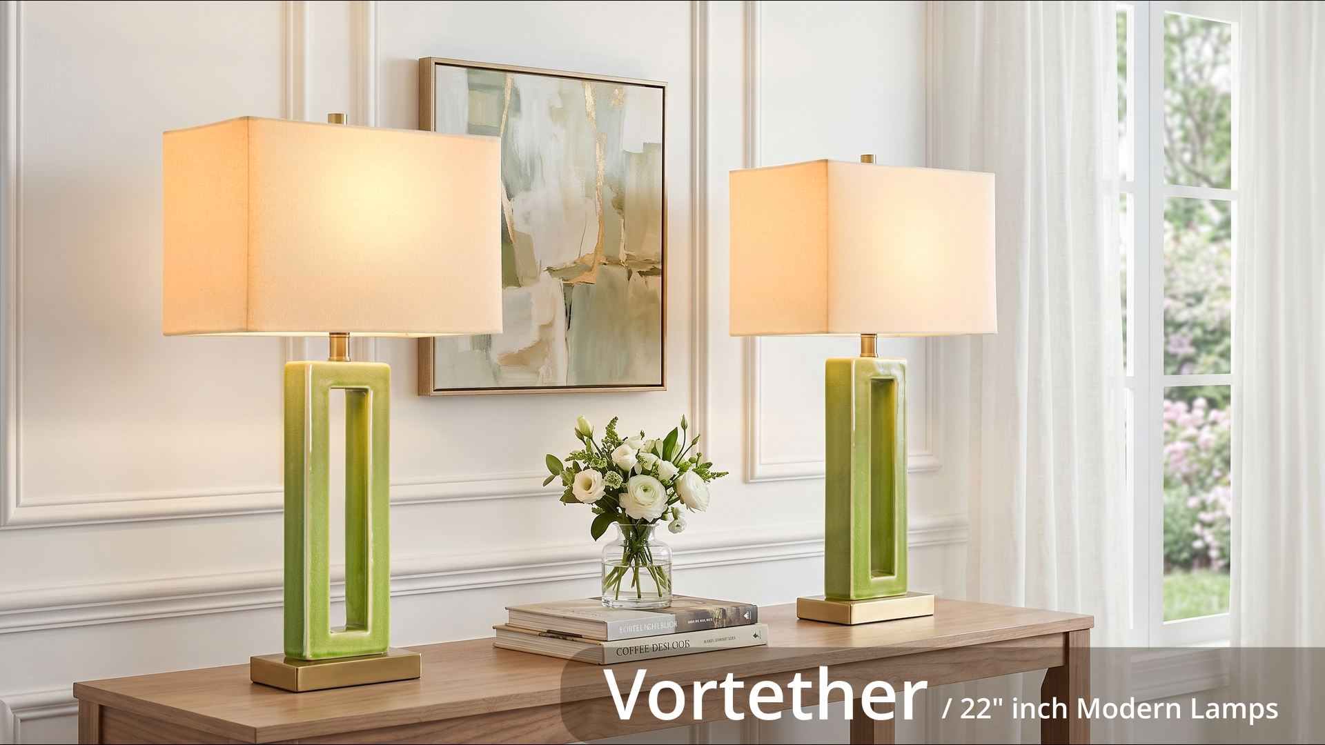 Image of 22 inch Modern Ceramic Table Lamps Set of 2, Green Crackle Glaze Hollow Bedside Lamps with Linen Shade, 5ft Cord Rotary Switch E26 Base Nightstand Lamps for Bedroom Living Room Entryway Decor