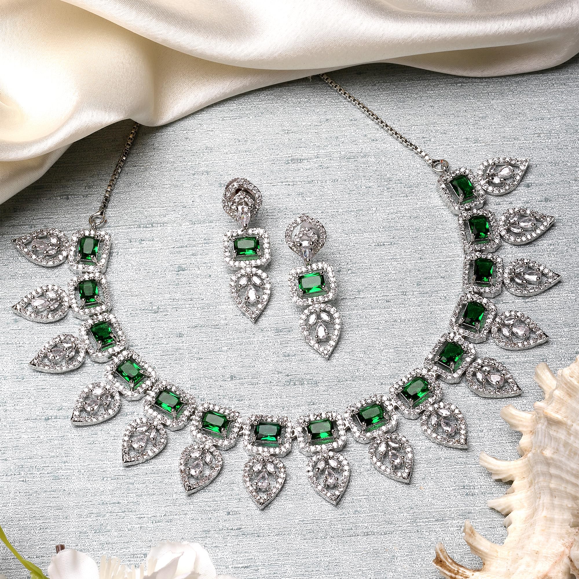 Leaf Style AD Rectangle Shaped Studded Necklace