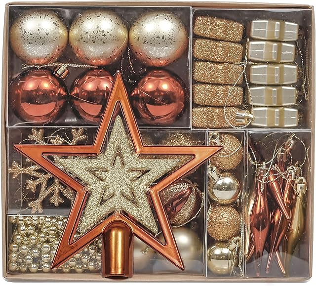Valery Madelyn 52pcs 3-10cm Shatterproof Christmas Baubles, Woodland Copper and Gold Christmas Ball Ornaments for Christmas Tree Decoration