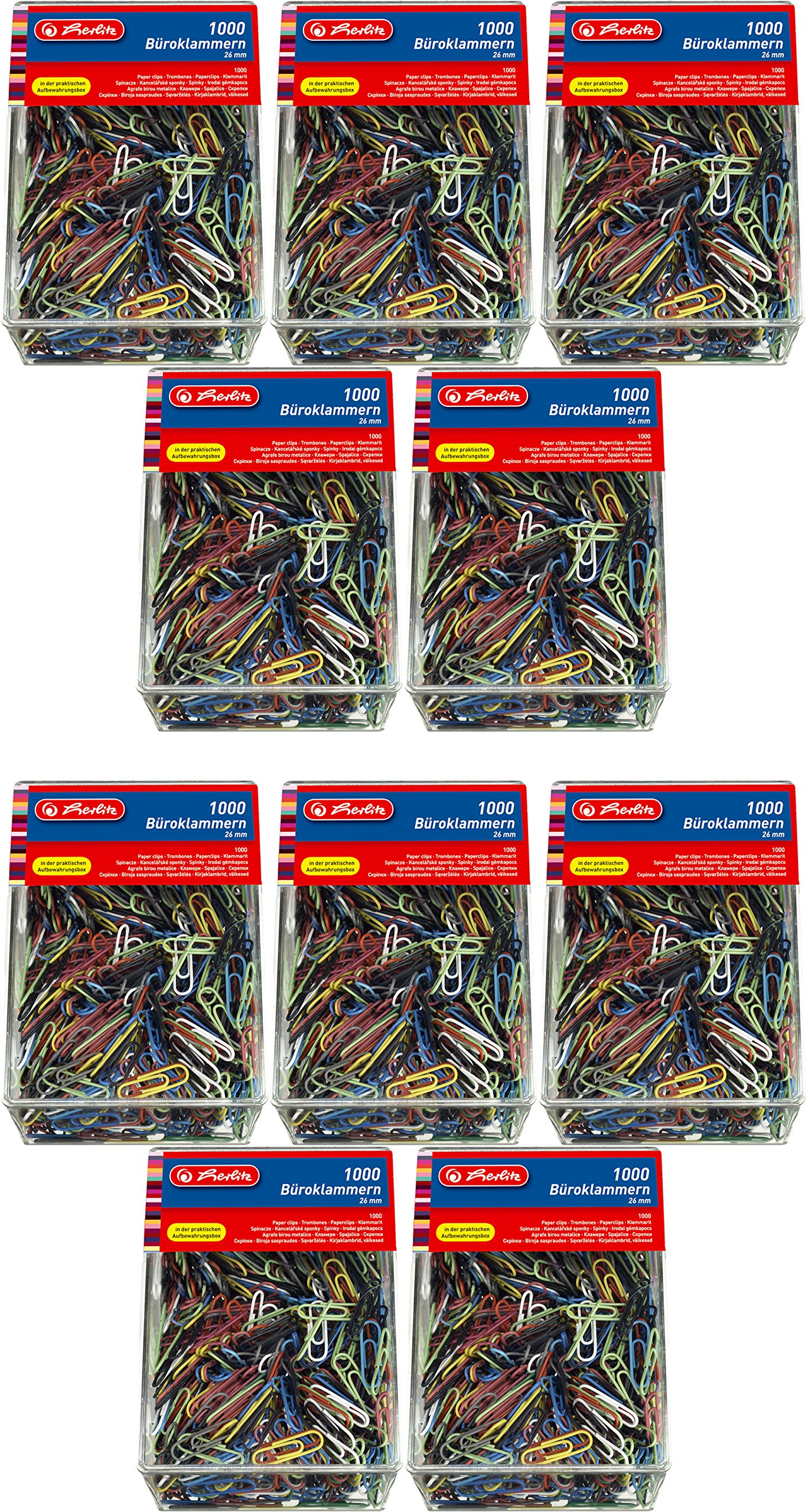 Herlitz Büroklammern 26mm, Farbig Sortiert, 1000 Stück in praktischer Aufbewahrungsbox (10 Boxen, Mehrfarbig)