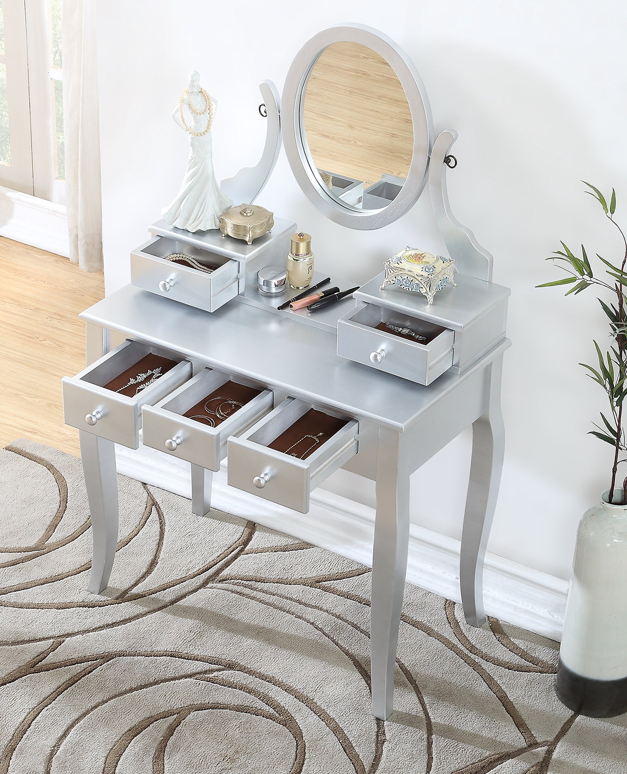 aphrophina Stylish Makeup Vanity Table and Stool Set with Adjustable Mirror and Ample Storage, Silver Finish