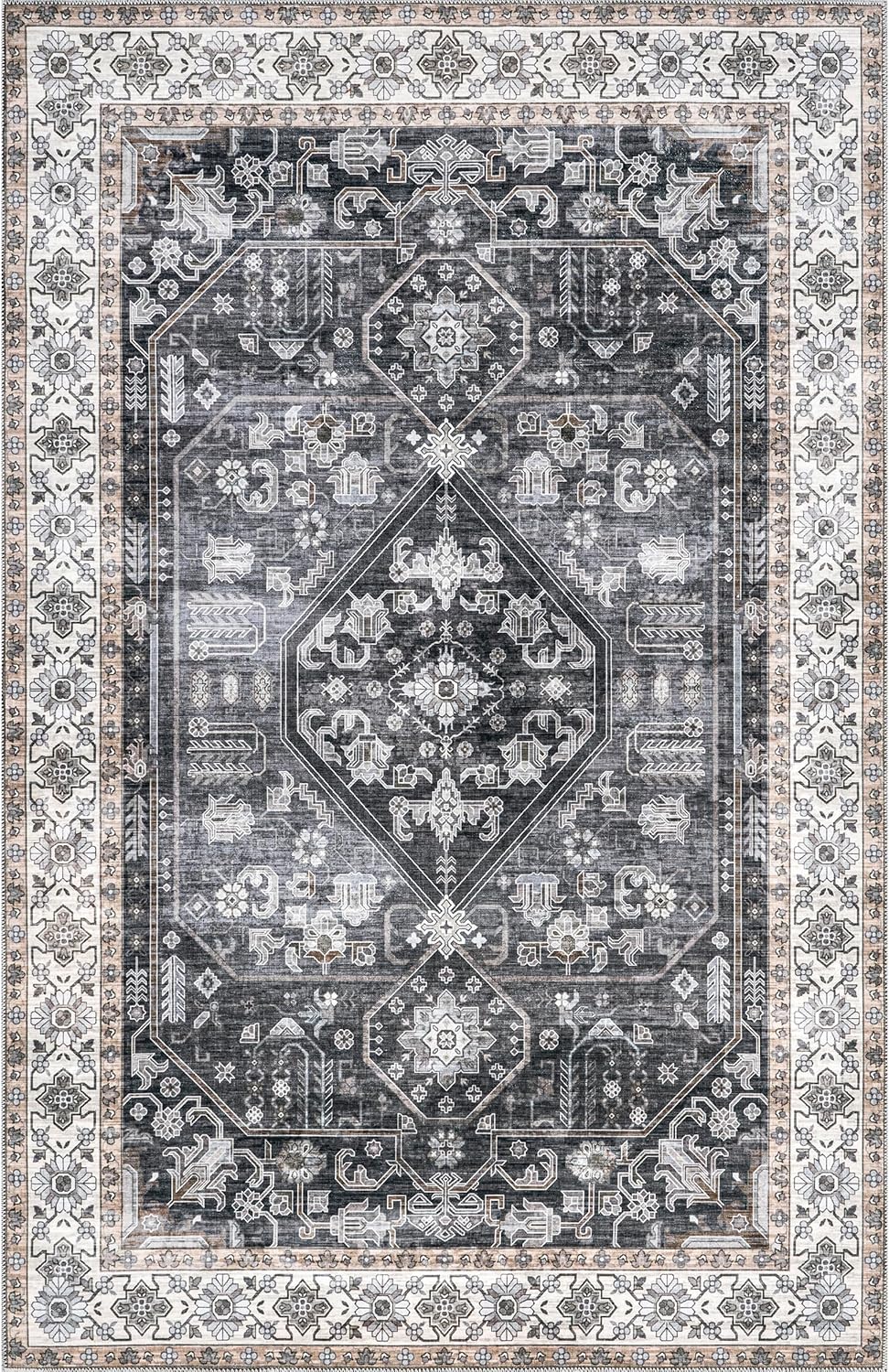 Nuloom SpinClean Devin Charcoal/Ivory, 4' x 6', Vintage, Soft and Cozy, High Traffic, Stain Resistant, Easy Clean, Durable, Machine Washable Area Rug for Bedroom, Living Room, Dining, Den, Foyer