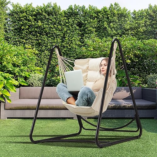 Miniatura 4 de Soporte para silla de hamaca, soporte de hamaca de acero resistente, soporte de columpio multiusos de 450 libras, incluye silla colgante, flujo
