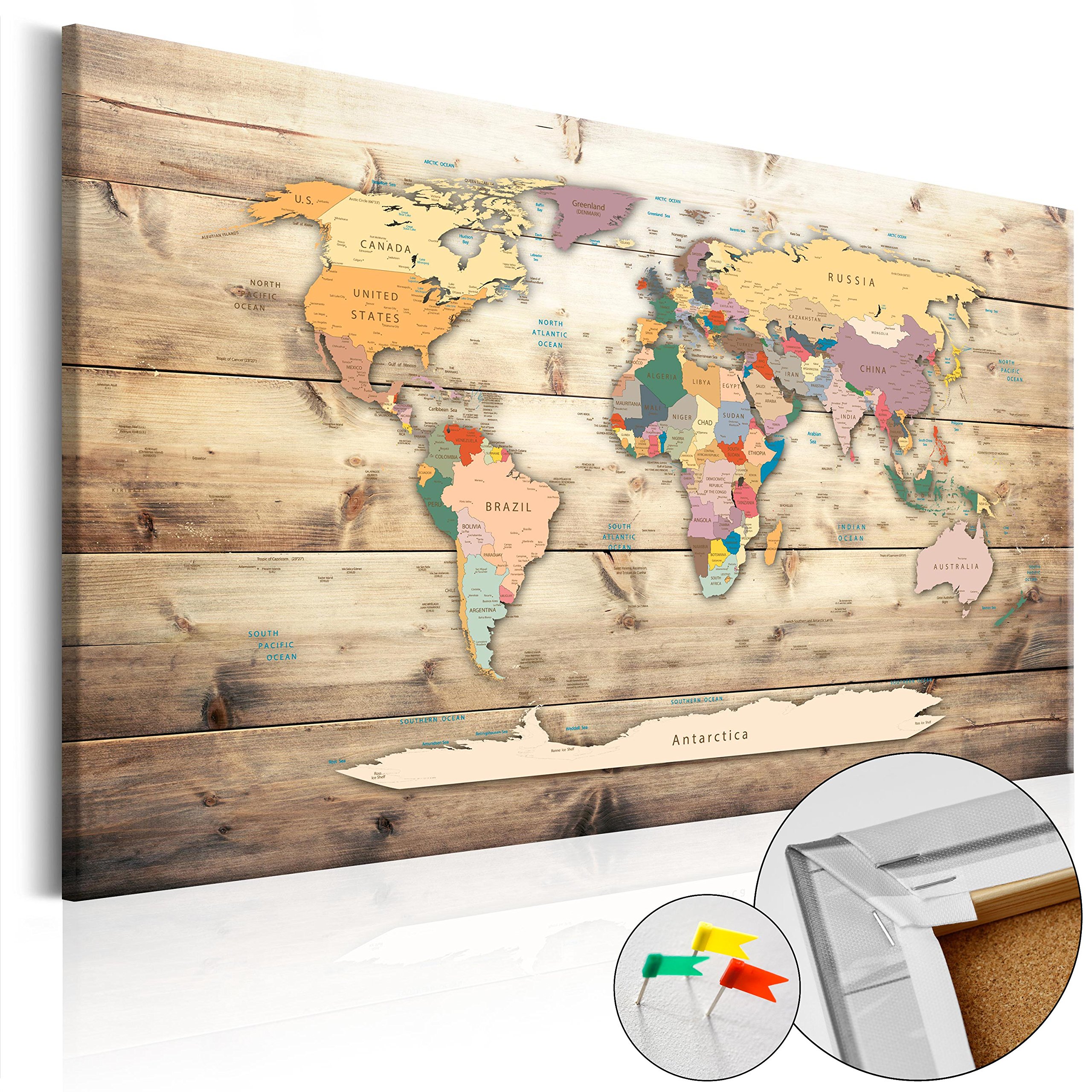 B&D XXL - Lavagna Di Sughero con Puntine - Bacheca Mappa Mondo 120x80 cm | 1 Pezzo, Bacheche in Sughero & Quadro su tela in un Uno, Decorativo per Parete, Lavagna per le Note Ufficio, Produzione EU