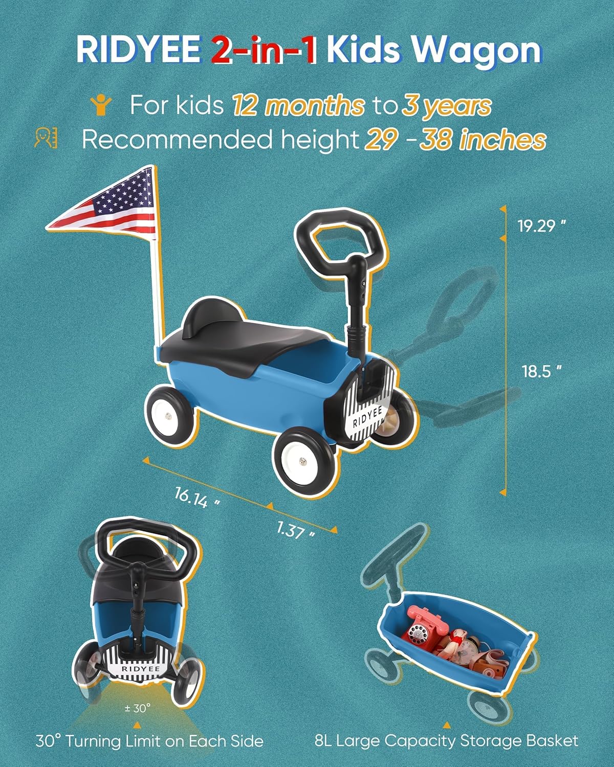 RIDYEE 2-in-1 Toy Wagon for Toddlers 1-3, Kids Pull-Along with Removable Seat and Adjustable Handlebar, Baby Push Walker with 8L Large Basket, Steering Limit, DIY Sticker, Blue