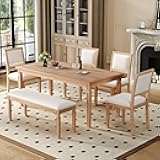 Mirightone Vintage Extendable Dining Table Set for 6, Kitchen Table Set with 4 Chairs and Bench, 6 Piece Solid Wood Dining Room Set with Distressed Finish and Retro Carved Legs (Natural Wood Wash)
