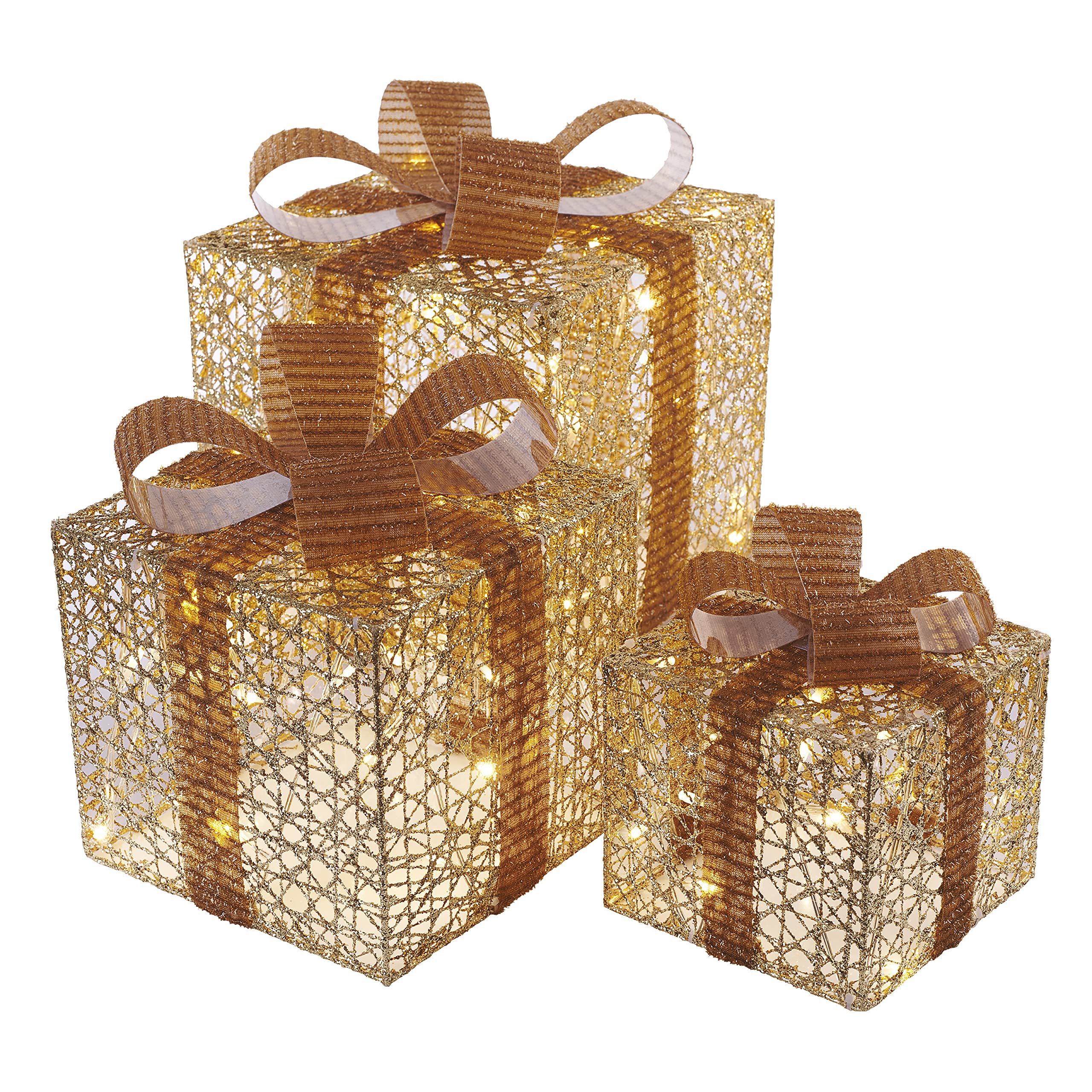 EMOS Goldene LED Weihnachtsgeschenke mit breitem Schleifenband und dekorativer Schleife, 3 Stk Weihnachtsdekoration, Warmweiß, 3m Kabel, IP20 für Innenbereich, Gold