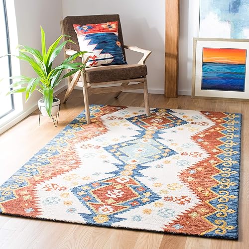 SAFAVIEH Aspen Collection Area Rug - 7' Square, Ivory & Blue, Handmade Southwestern Tribal Boho Wool, Ideal for High Traffic Areas in Living Room, Bedroom (APN401A)