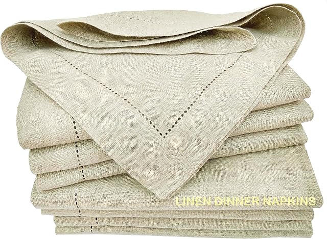 Linen Clubs - 100% Pure Linen, Dinner Napkin with Hem Stitched - Natural - 16x16 Inches (Set of 6 Pack). Hemstitched hand made ladder lace look napkins. One of life's little home luxuries