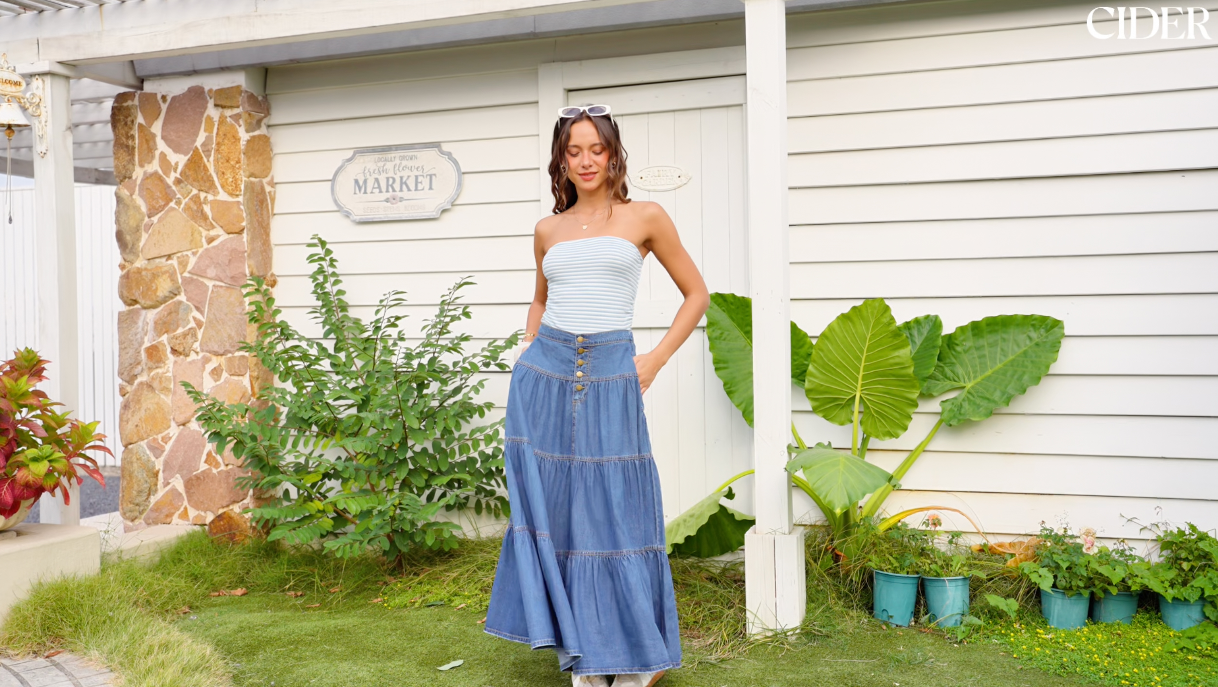 CIDER Women's Long Jean Denim Tiered Button Down High Waisted Maxi