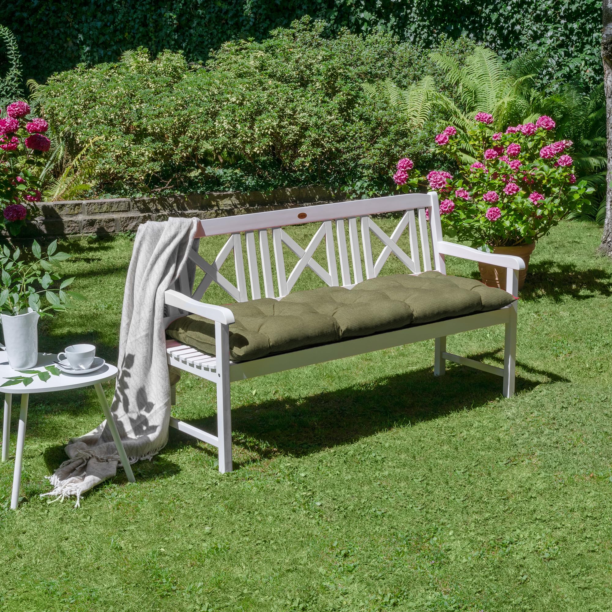 Beautissu Coussin Banc Flair BK - Extérieur pour Jardin, Terrasse, Balcon - Balancelle, Banquette - 120x50x10cm - Vert Olive