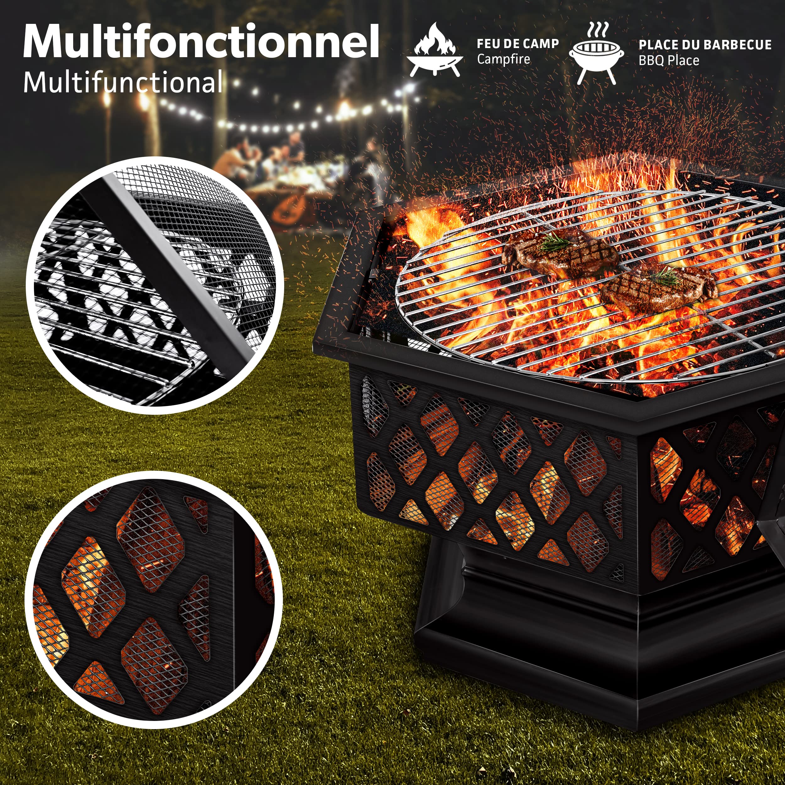 tillvex Brasero Extérieur BBQ | Foyer Poêle pour Jardin, Terrasse | Chauffage avec Gril-Le à Charbon + Couvercle | Cheminée Feu pour Barbecue avec Tissonier Noir (Hexagonal)