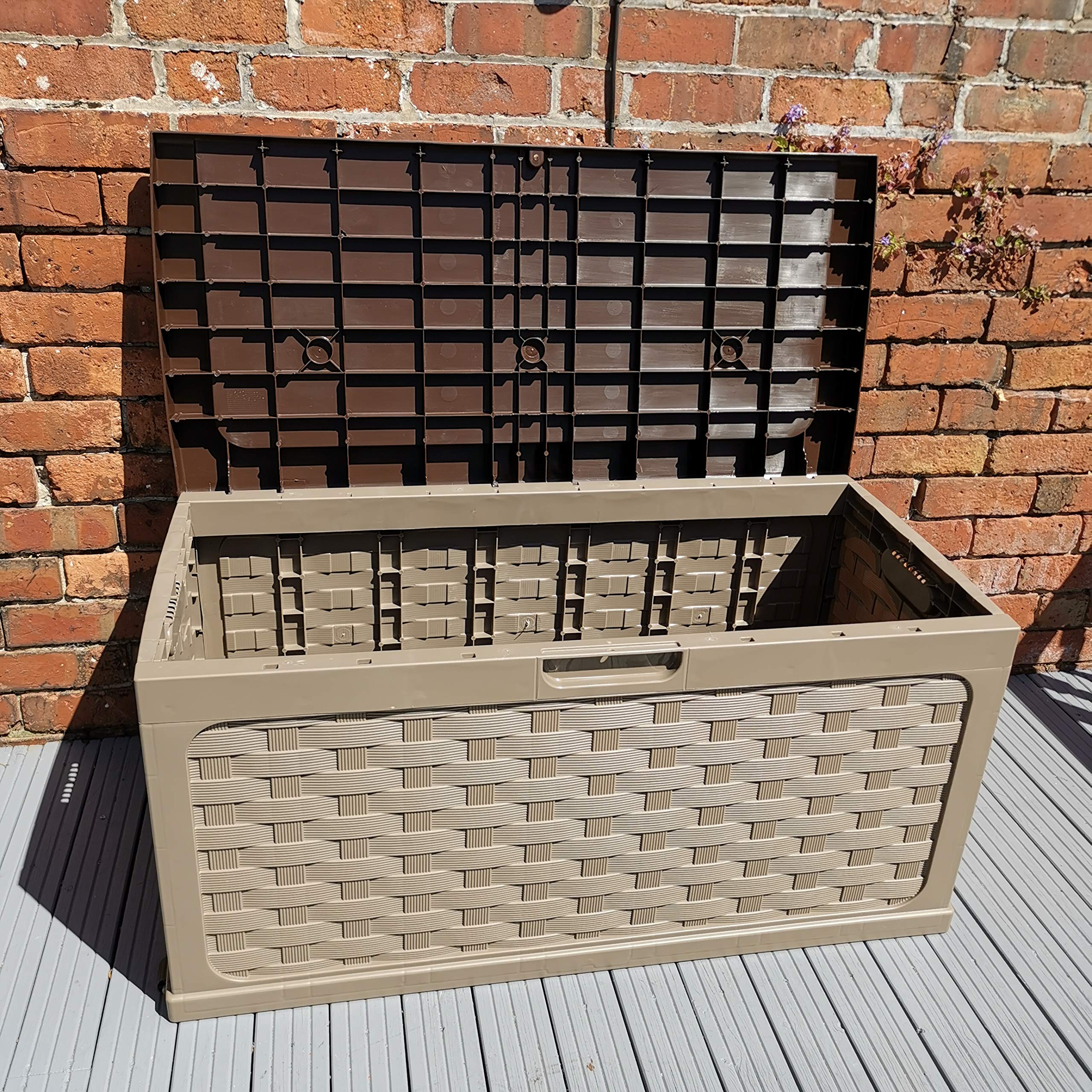 Samuel ALEXANDER 335 Litre Rattan Style Garden Cushion Storage Box with Sit on Lid – Dark Drown