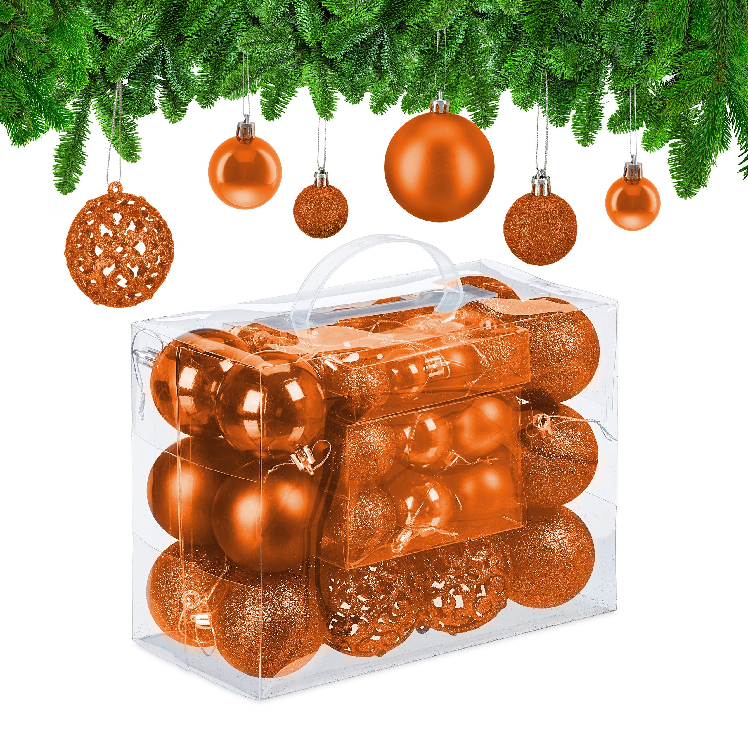 Relaxdays Boules de Noël, lot 50, Paillettes, Mates, Brillantes, décoration Sapin, Plastique, D : 3, 4 et 6 cm, Orange