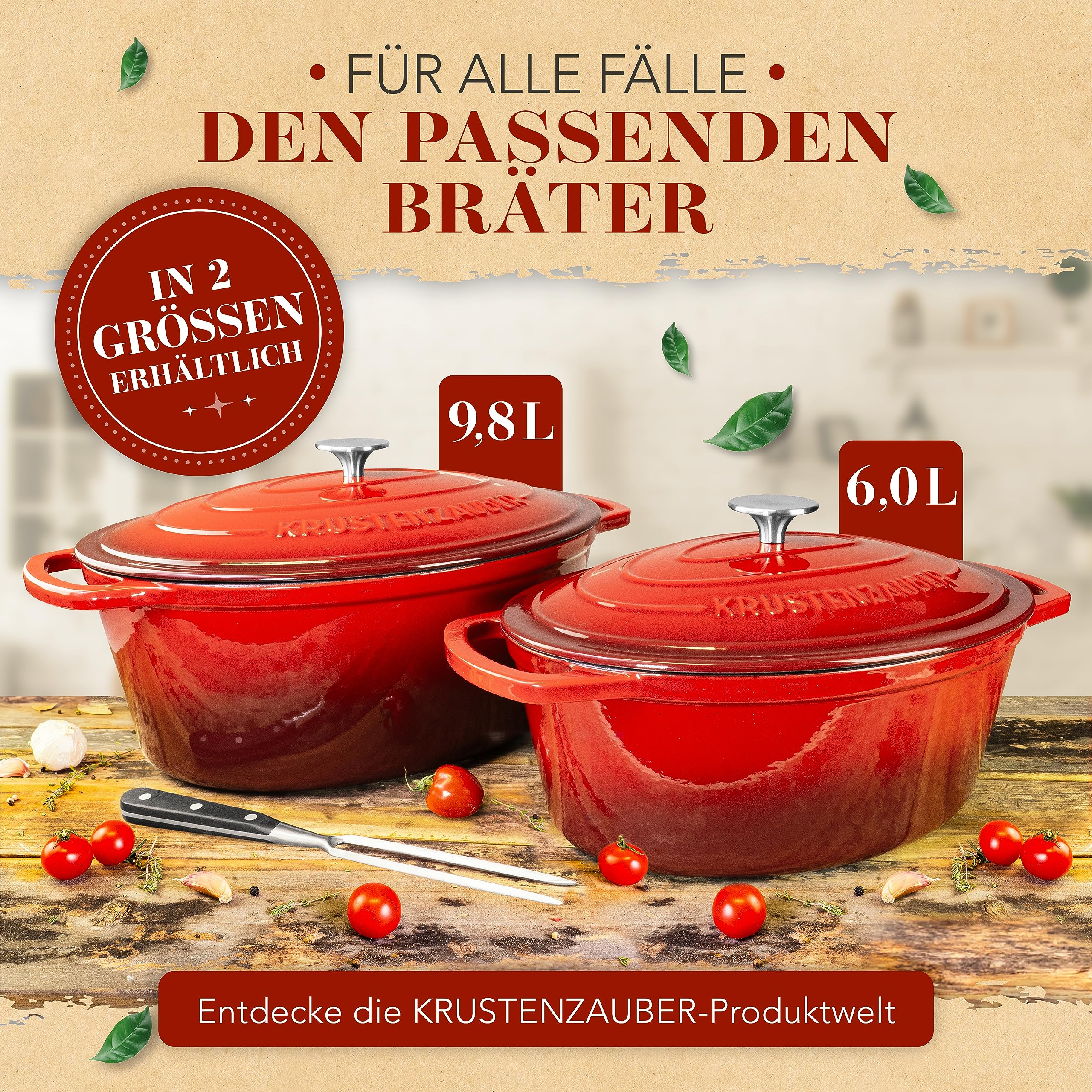 KRUSTENZAUBER 37 cm Gusseisen Bräter mit Deckel | Zartes Fleisch und aromatische Schmorgerichte, Bräter mit Deckel für Ofen & Induktion, 9 kg Gusseisen, inkl. Geflügelschere