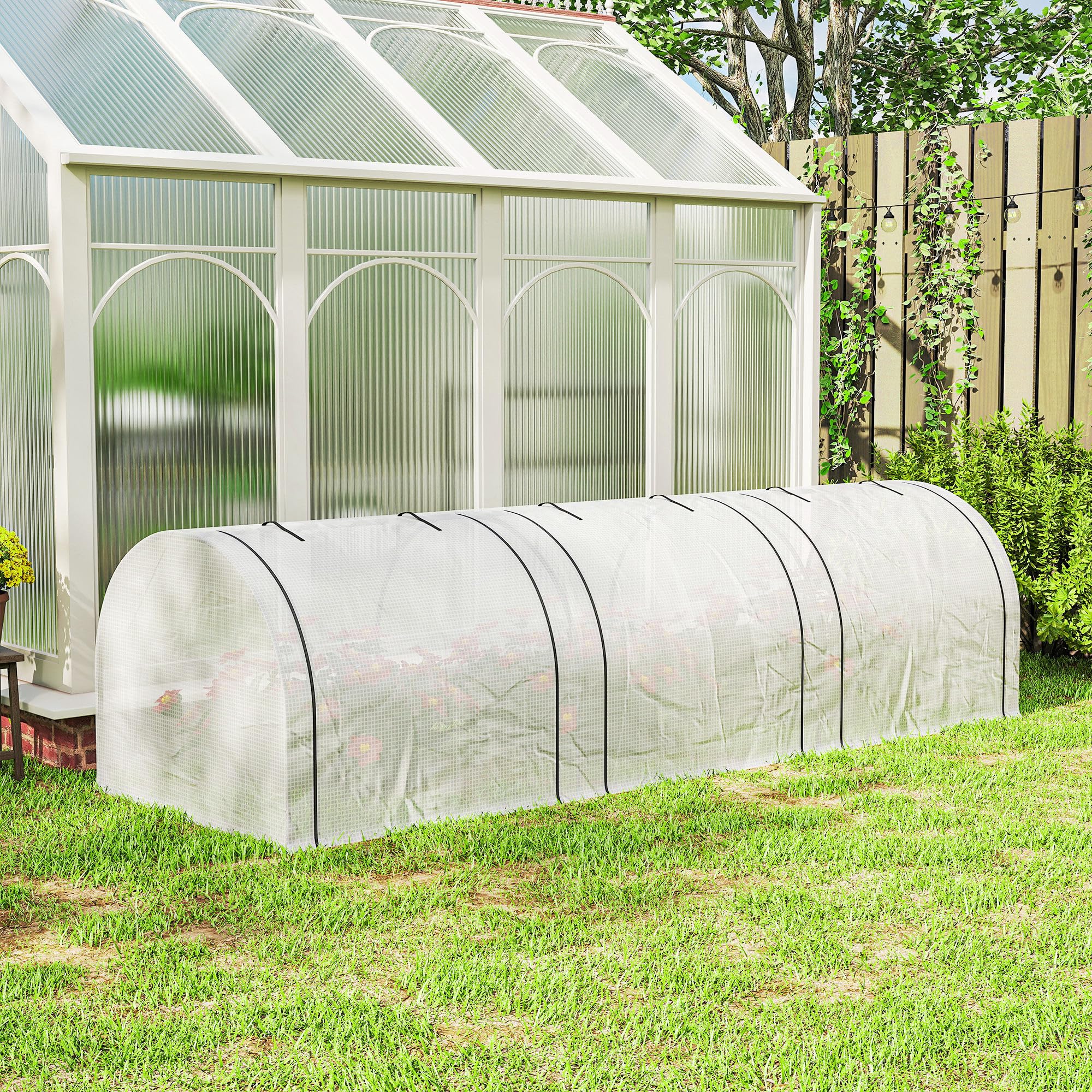 Outsunny Serra Tunnel PE con Telaio in Acciaio 295 x 100 x 80 cm Bianco | Casa di coltivazione verde, tunnel in polietilene, porte con cerniera, per giardino