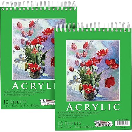 U.S. Art Supply 9" x 12" Premium Extra Heavy-Weight Acrylic Painting Paper Pad, 246 Pound (400gsm), Spiral Bound, Pad of 12-Sheets (Pack of 2 Pads)