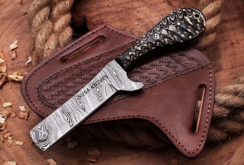 SUSA KNIVES Cuchillo de acero hecho a mano de Damasco, cuchillo de hoja fija vaquero, mango de madera, cuchillo EDC PANCAKE Funda de cuero regalo