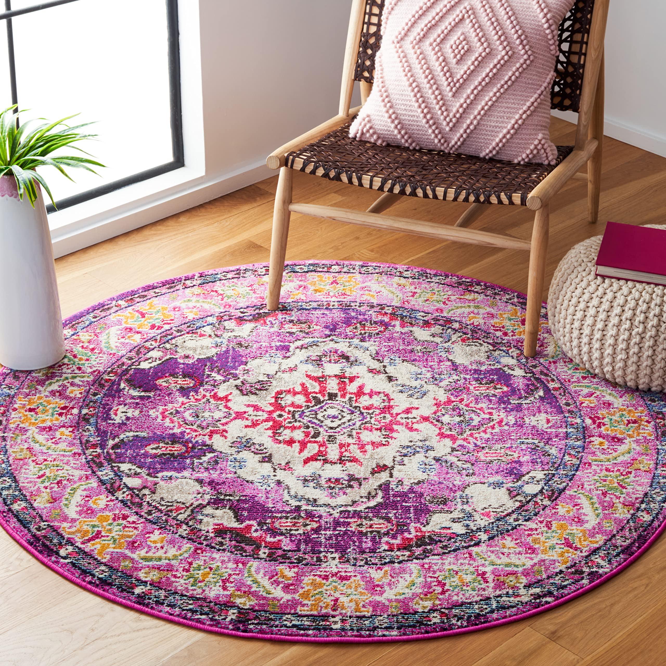 SAFAVIEH Boho Teppich für Wohnzimmer, Esszimmer, Schlafzimmer - Monaco Collection, Kurzer Flor, Violett und Fuchsia, 120 x 120 cm
