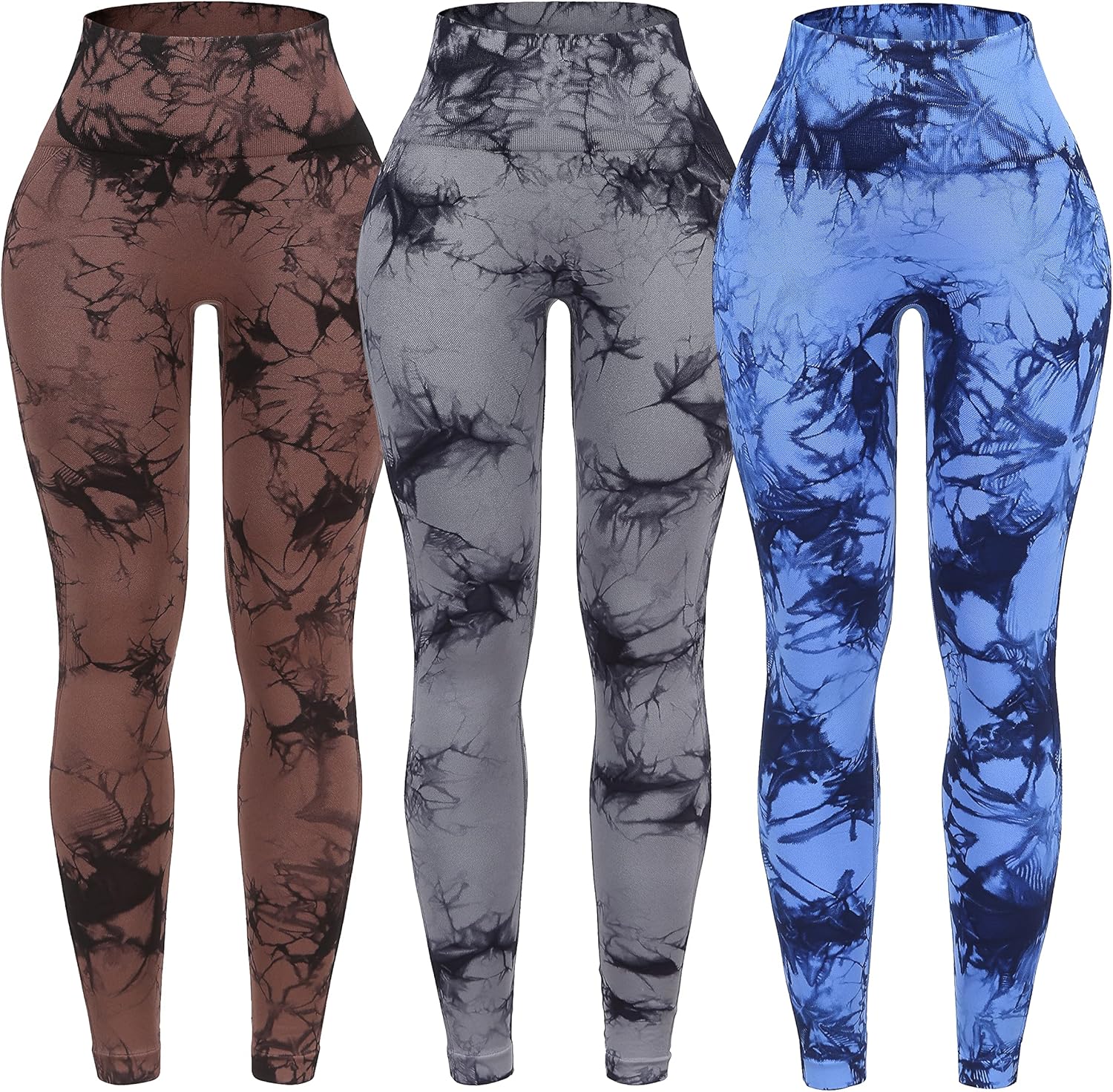 OVESPORT 3 Pack Tie Dye Seamless High Waisted Workout Leggings for Women Scrunch Butt Lifting Yoga Gym Athletic Pants X-Large 3pack-brown/Gray/Sapphire