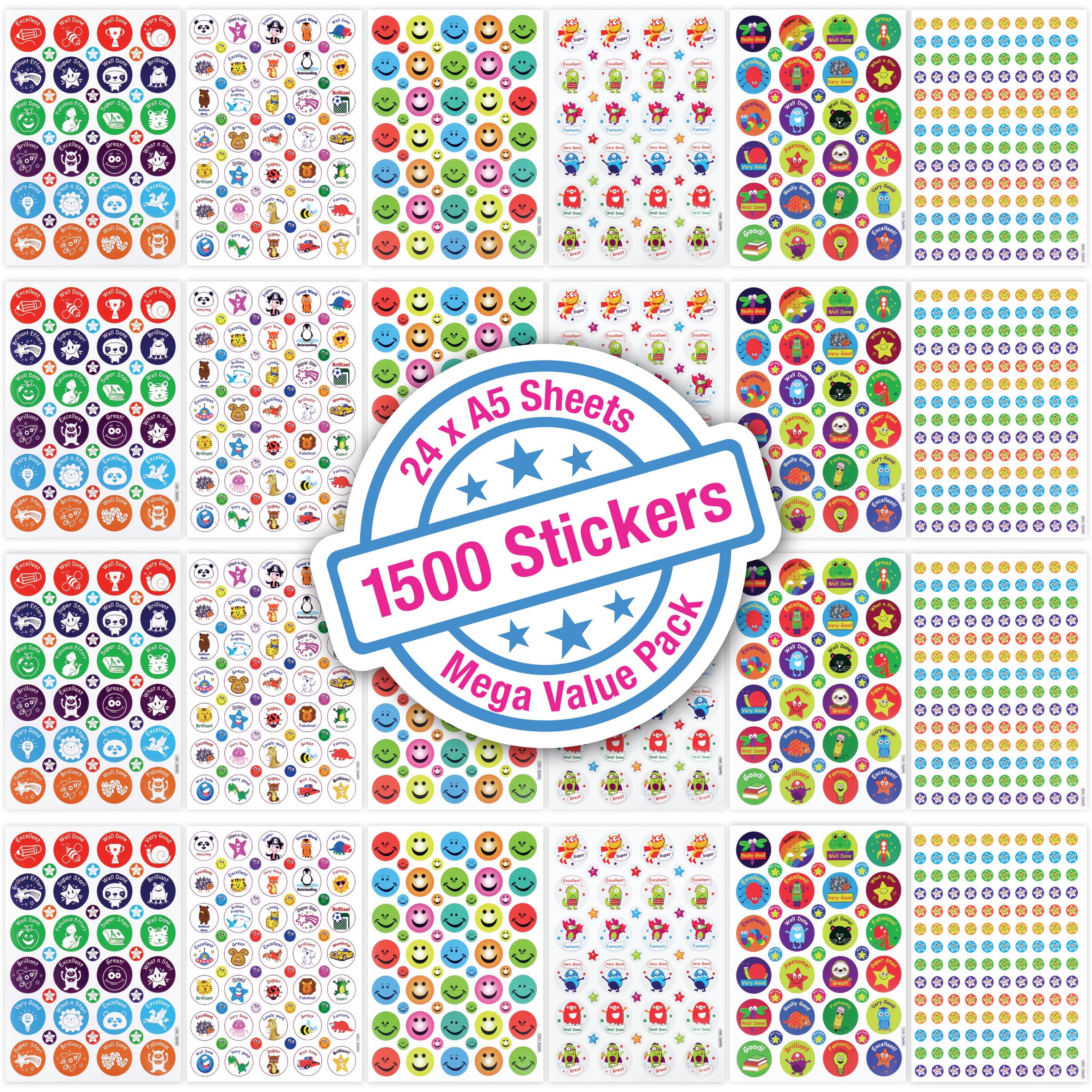 Reward Stickers for Teachers – 1500 Motivational Stickers for Kids, 24 Sheets of A5 - Classroom Rewards, Praise & Achievement Stickers, Teacher Supplies, KS1 & KS2