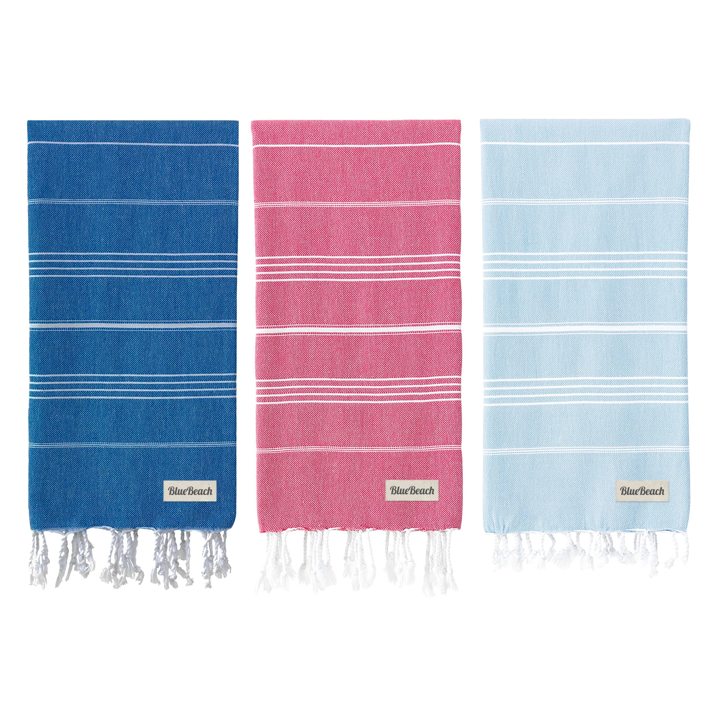 Blue Beach 3 Set Turkish Beach Towels-100x180cm Large Turkish Hammam Peshtemal Towel - Super Absorbent, Lightweight, Compact for Swimming, Bath, Gym, Sauna and Travel (Blue - Sky Blue - Fuschia)