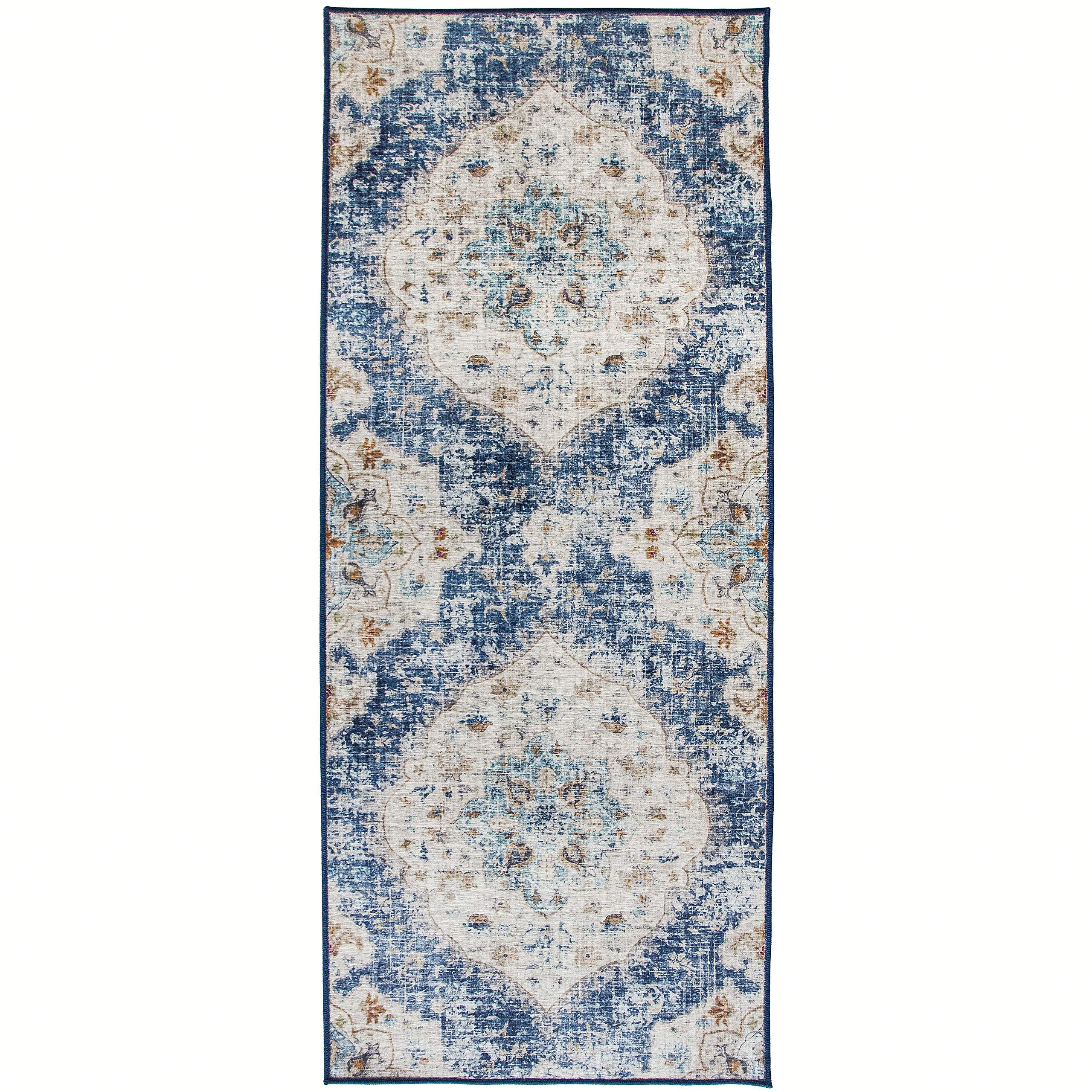 ReaLife Machine Washable Rug - Stain Resistant, Non-Shed - Eco-Friendly, Non-Slip, Family & Pet Friendly - Made from Premium Recycled Fibers - Vintage Distressed Bohemian - Blue, 2'6" x 6'