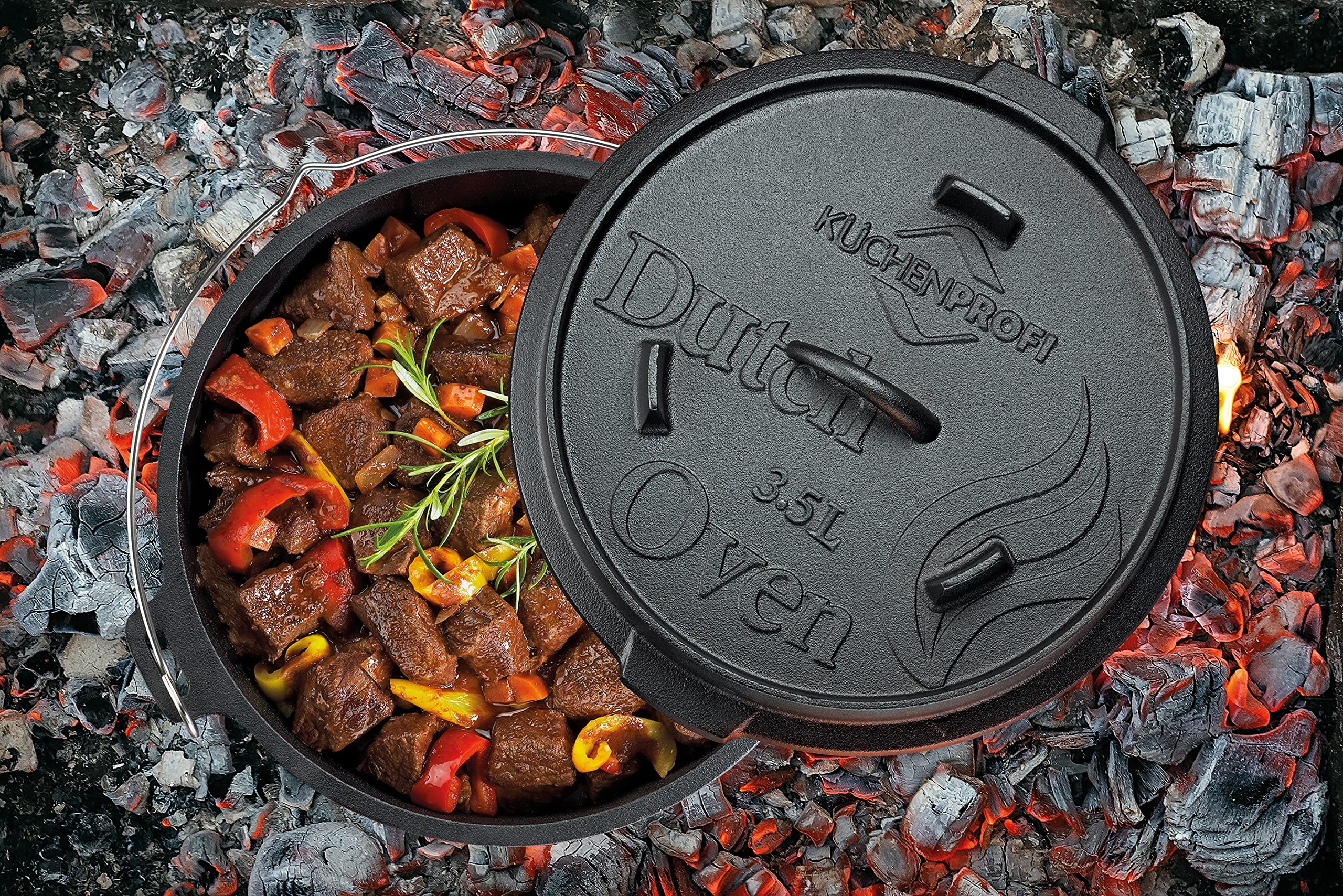 Küchenprofi BBQ - Forno olandese in ghisa, 3,5 l, Ø 24 cm, senza piedini, con coperchio sollevatore per griglia, braciere, tutti i tipi di piano cottura (induzione inclusa) e forno