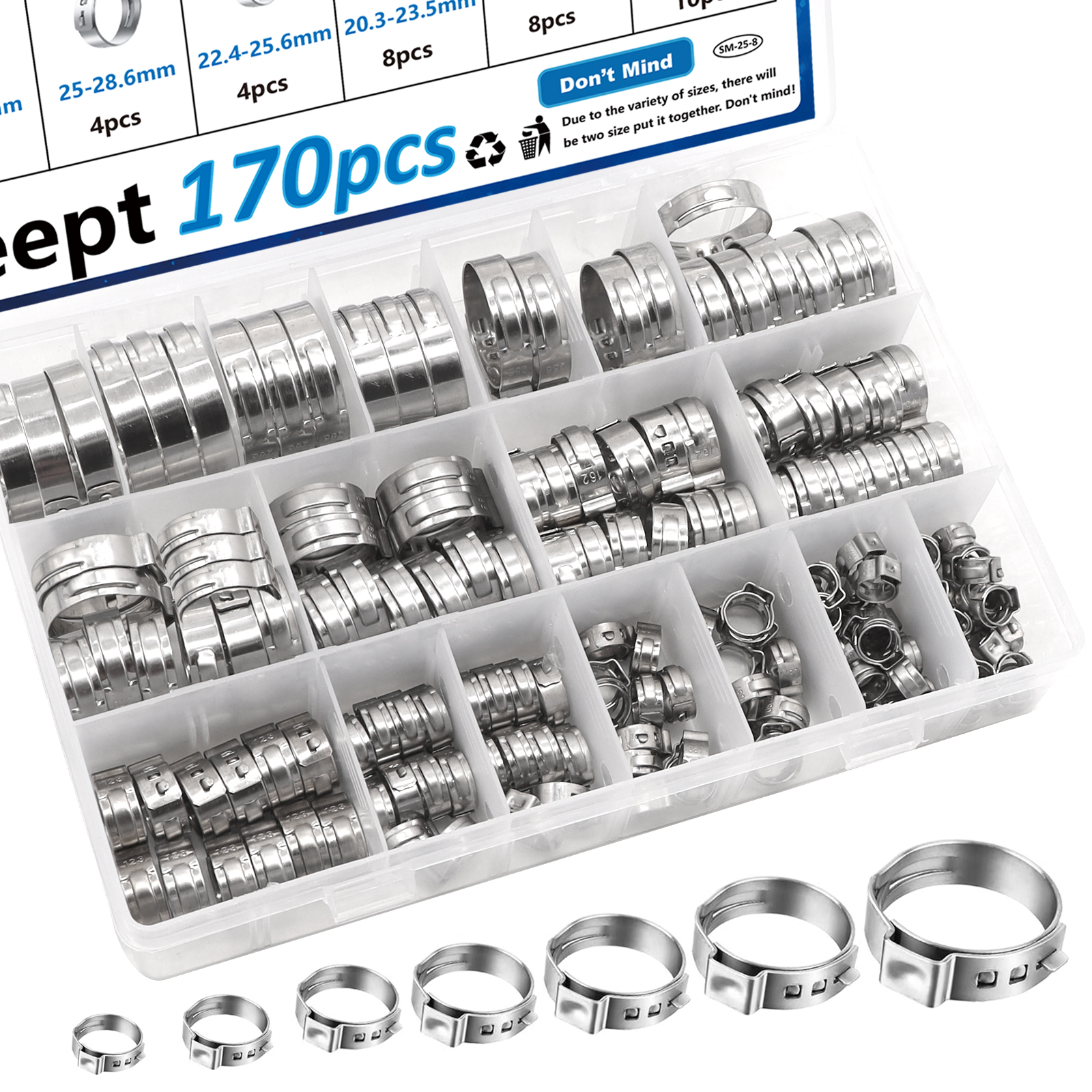 Image of 170Pcs 13 Sizes 304 Stainless Steel Single Ear Hose Clamps 5.3-31.6mm Crimp Hose Clamps Assortment Kit Perfect for Automotive /Home Appliance /Water Pipe and Fuel Line