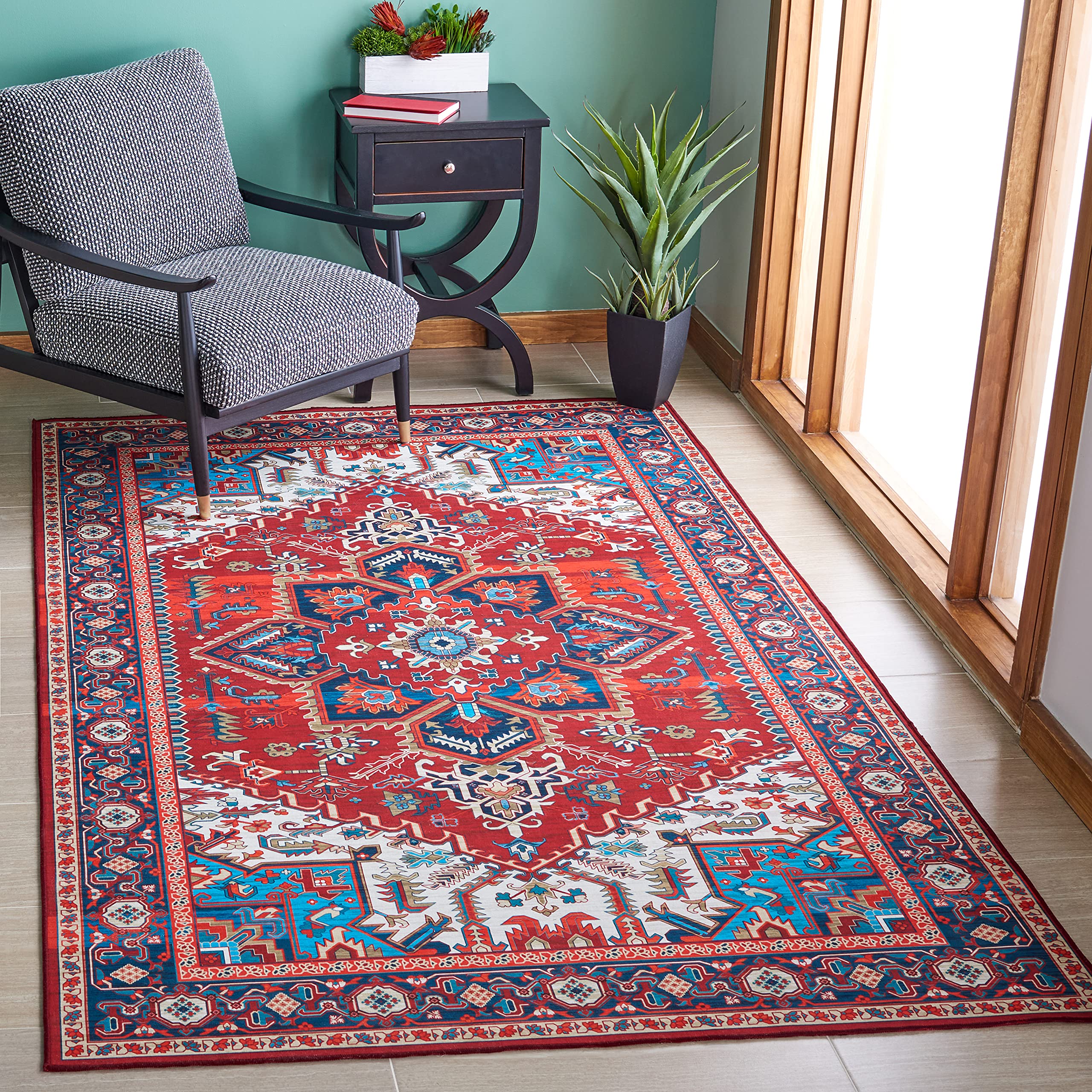 SAFAVIEH Washable Rug Tucson Collection - 6'6' x 9', Red & Blue, Slip Resistant, Ideal for High Traffic Areas in Living Room, Bedroom, Home Office, Dining Space (TSN101Q-6)