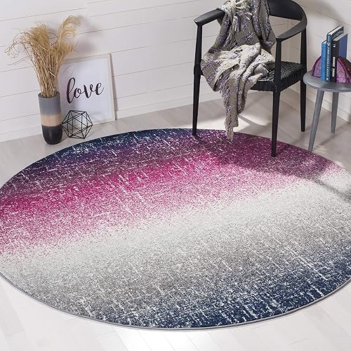 Miniatura 1 de SAFAVIEH Madison Collection - Alfombra redonda de 6 pies 7 pulgadas, color fucsia y azul marino, diseño de rayas bohemio, no desprende pelusa y de