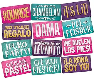 Quinceanera Photo Booth Props in Spanish Perfect for Sweet 15, Mis Quince Anos Birthday Parties, 6pc Double Sided.