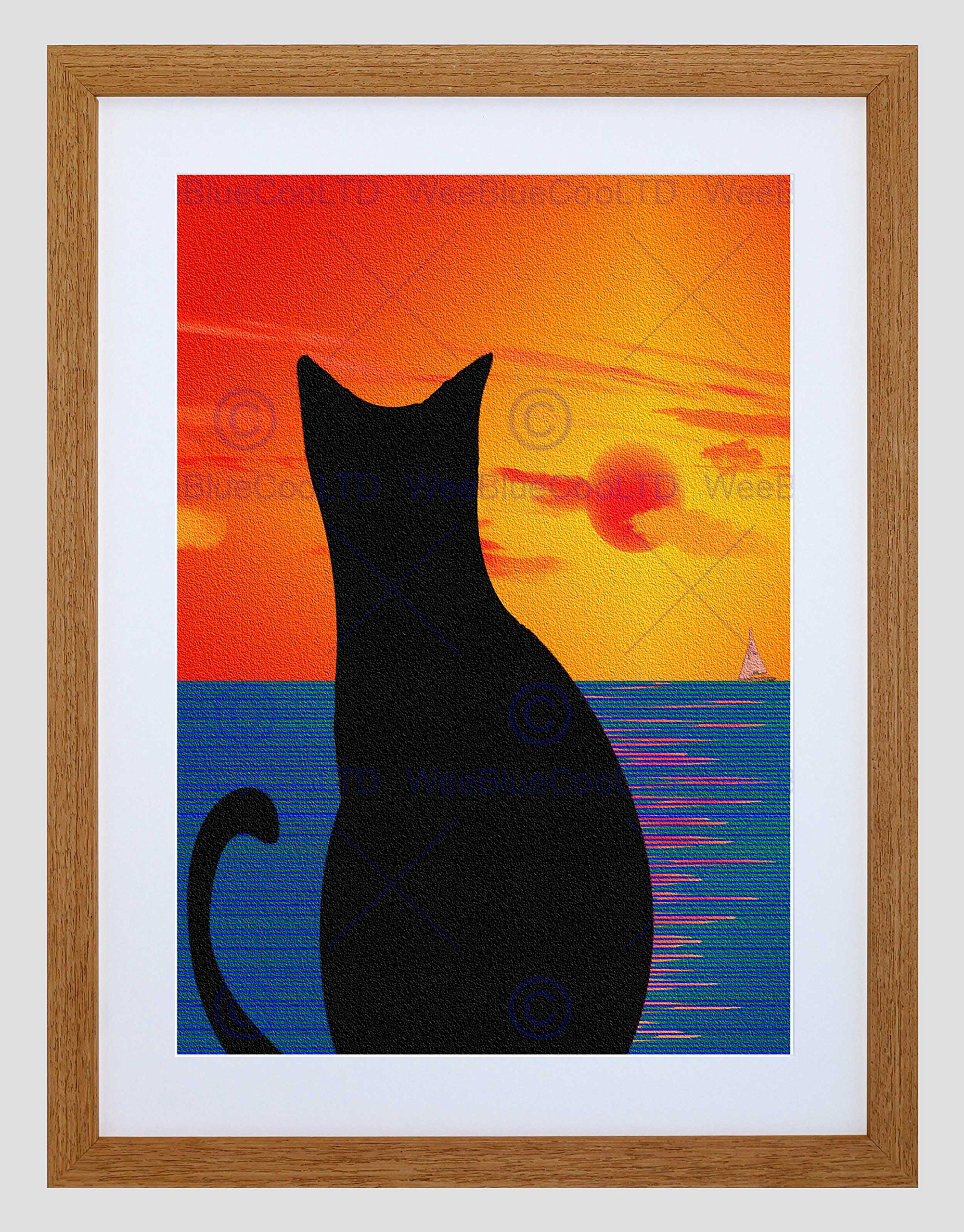 Wee Blue Coo Cat Landscape Abstract Silhouette Sunset Sea Boat Framed Wall Art Print