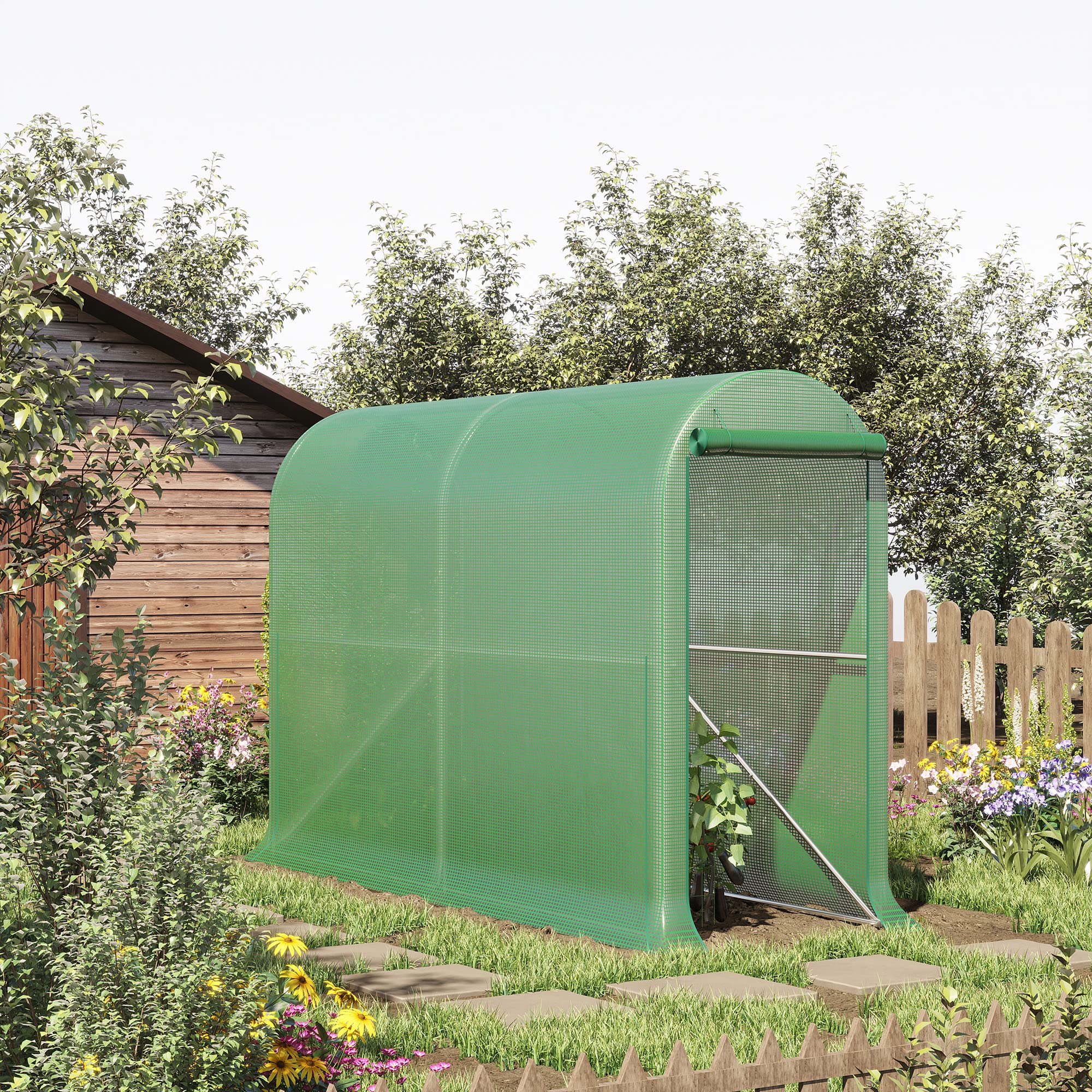 Outsunny Serra da giardino 3m² Serra per pomodori dim. 3 x 1 x 2 H m Porta con cerniera a discesa 2 lati arrotolabili in acciaio PE ad alta densità verde