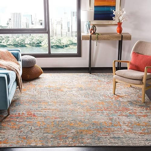 SAFAVIEH Madison Collection Area Rug - 9' x 12', Grey & Orange, Modern Abstract Design, Non-Shedding & Easy Care, Ideal for High Traffic Areas in Living Room, Bedroom (MAD460F)